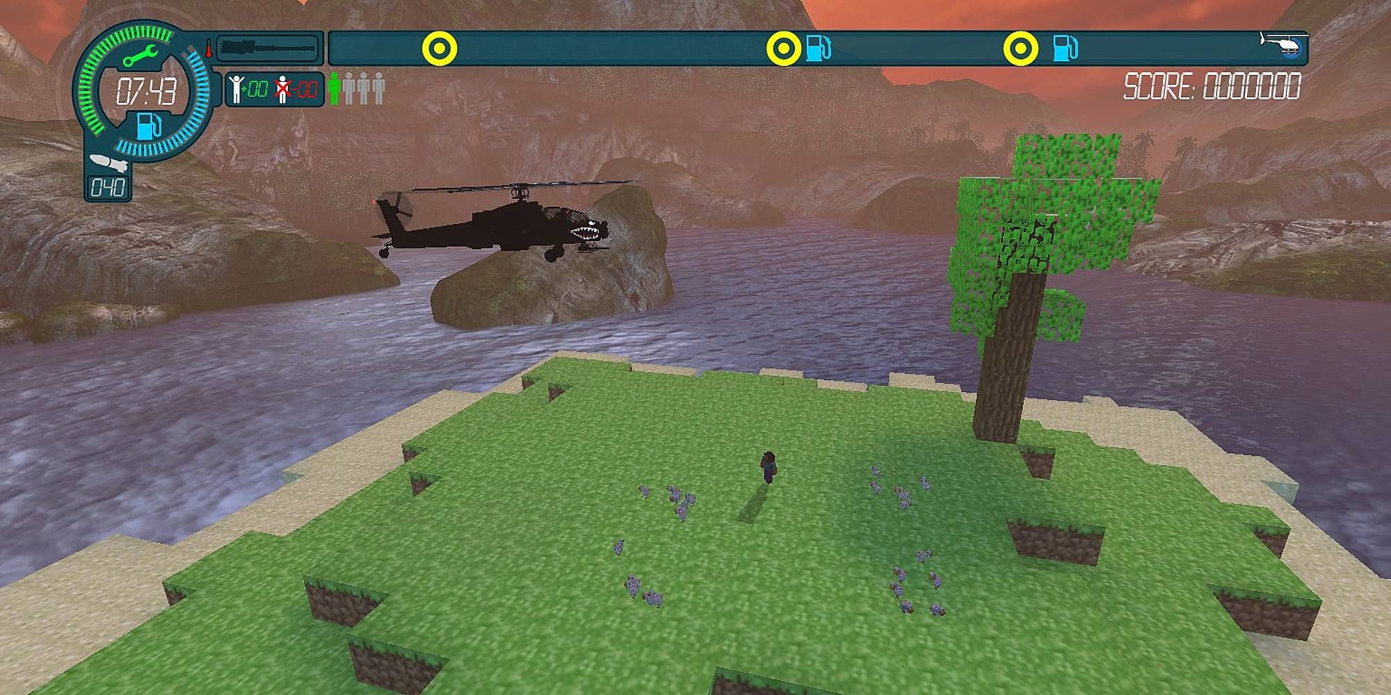 A chopper flies over a blocky island in Choplifter HD