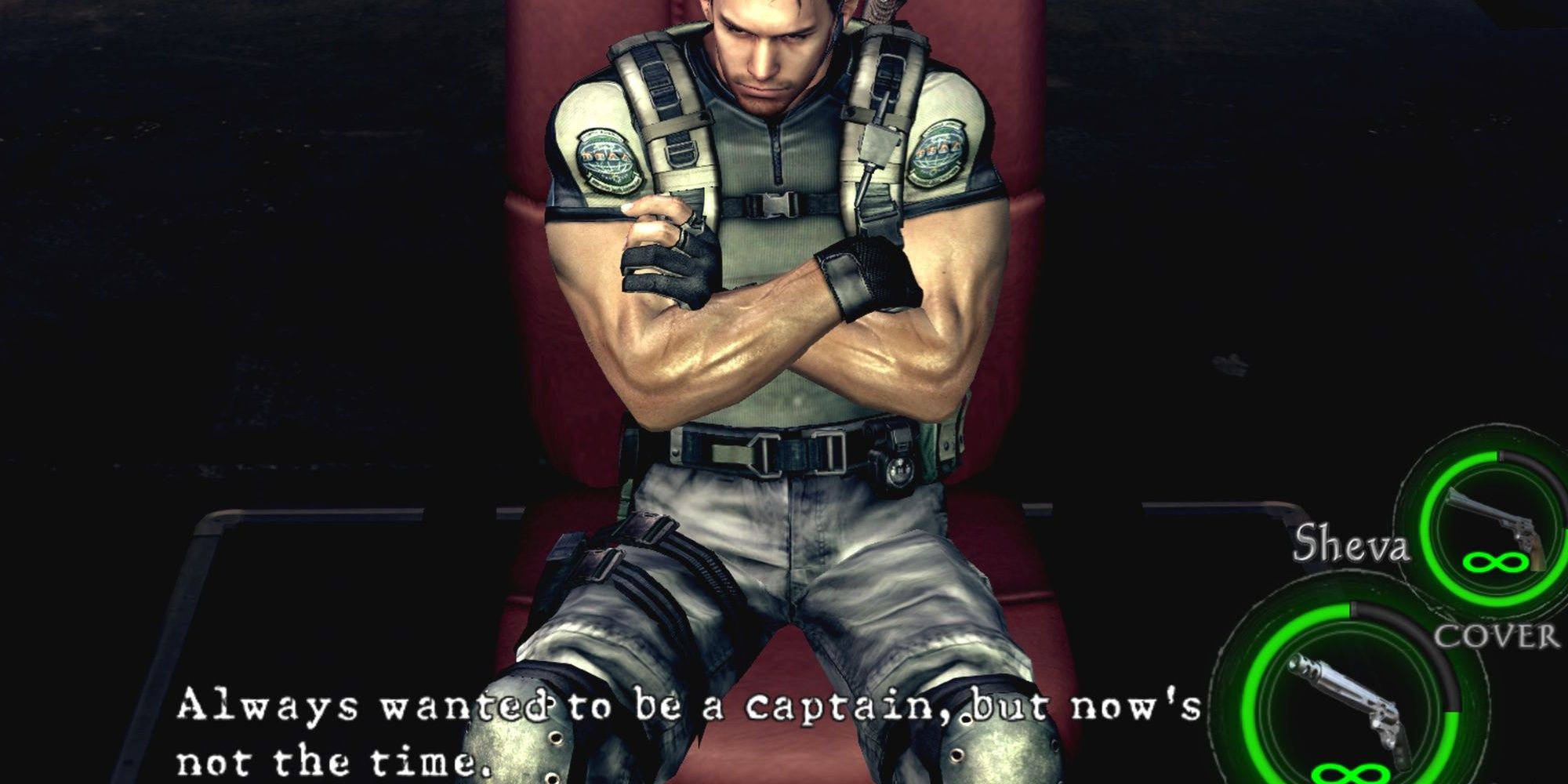 Chris sitting down in the captain's chair near the end of Resident Evil 5.