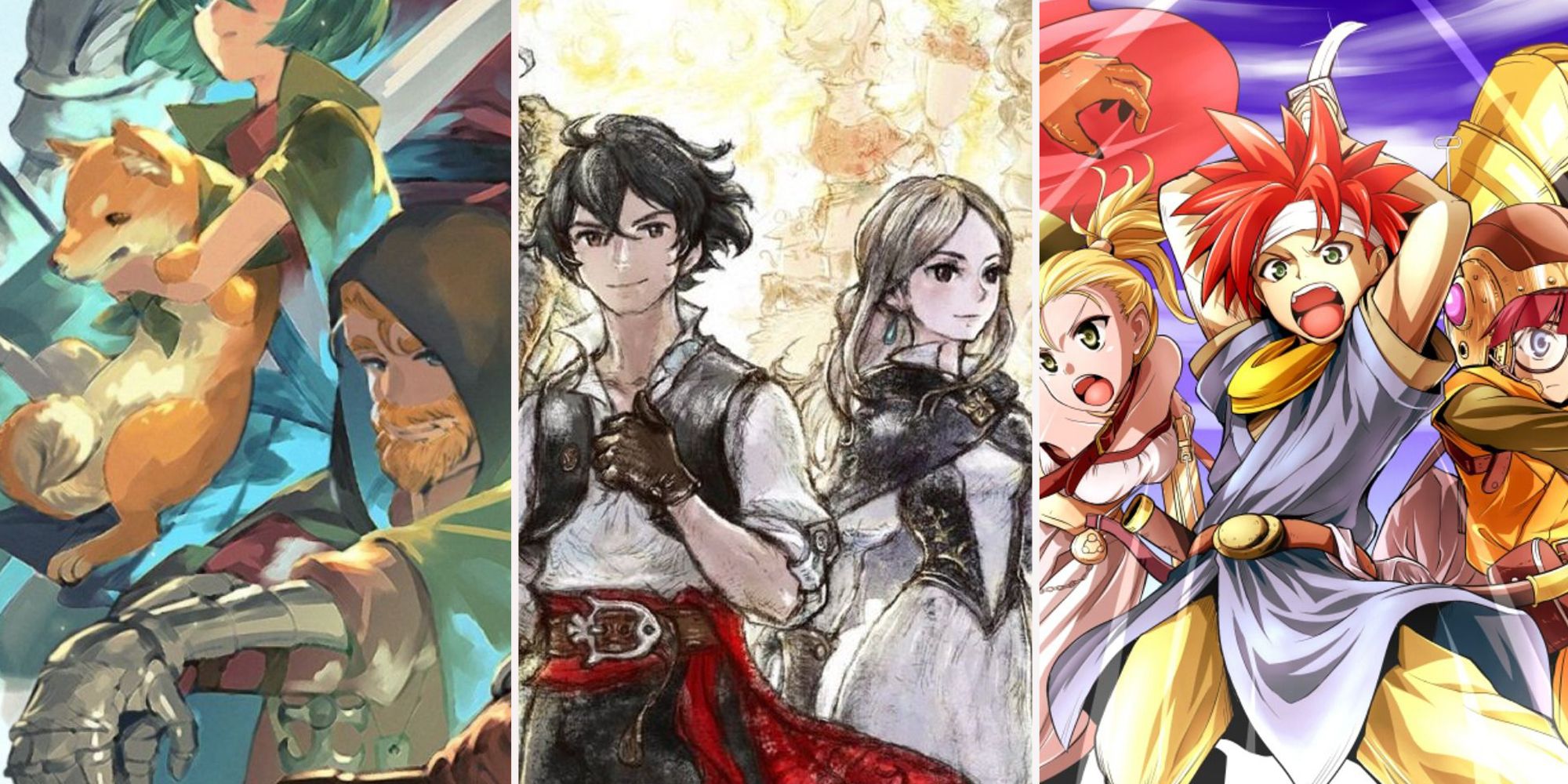 Split image of three photos. Unchained Echoes, Bravely Default 2, and Chrono Trigger.