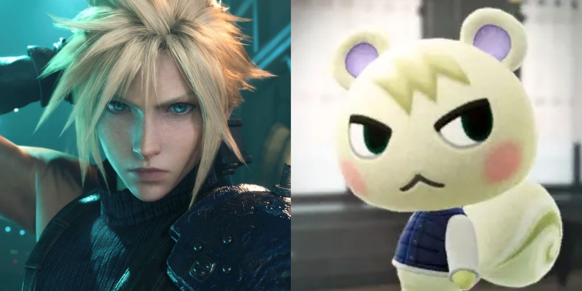 Split image screenshots of a close-up of Cloud Strife in Final Fantasy 7 Remake and Marshal's poster in Animal Crossing New Horizons.
