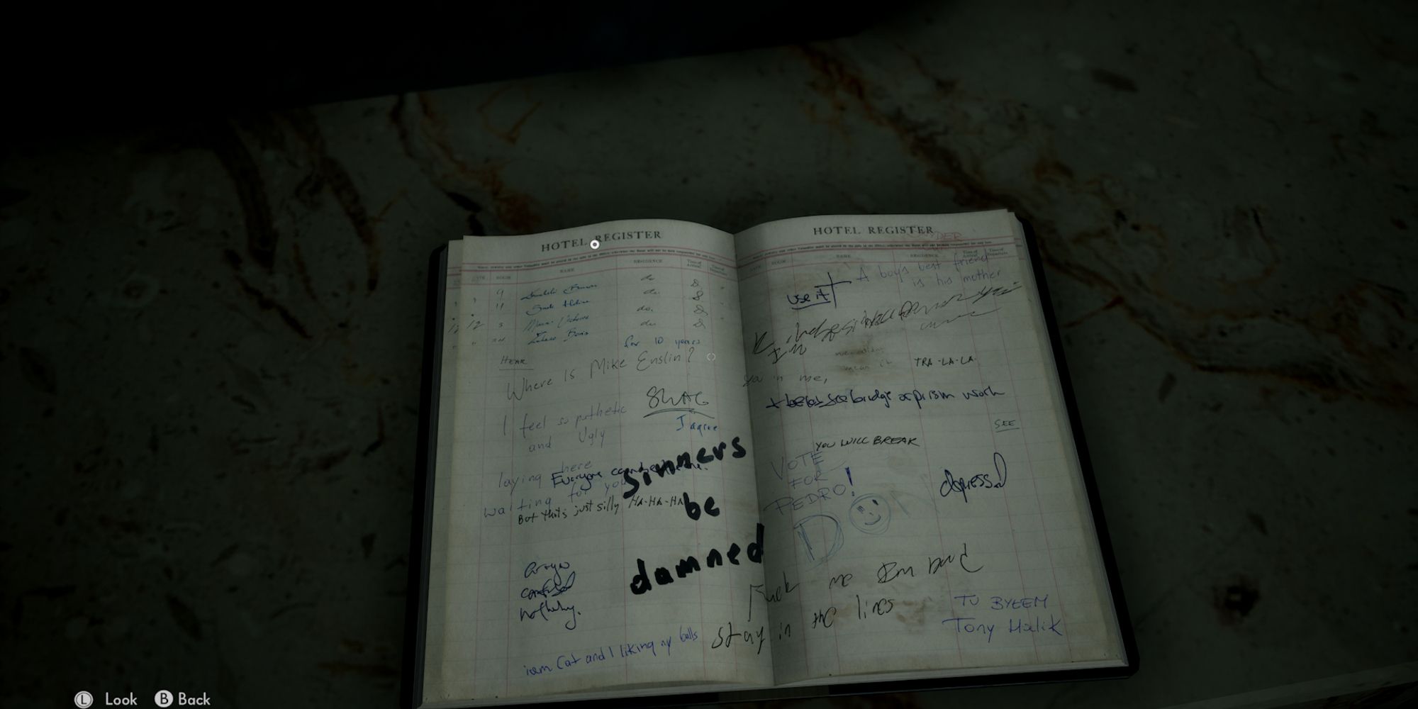 Silent Hill 2 - The Medium - Niwa Hotel: Hotel Ledger With Scribbles On It