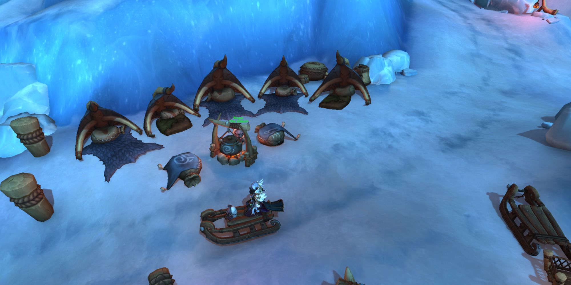 Wow: A Zandalari Troll rides the sled with a Young Tuskarr 