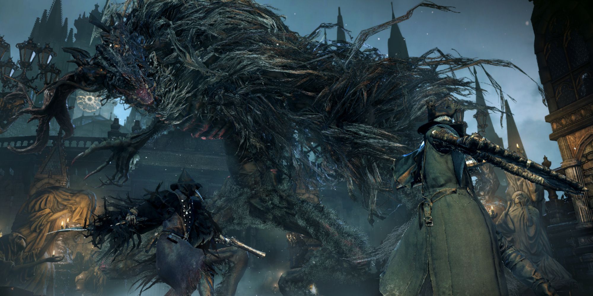 screenshot of two players fighting a cleric beast in Bloodborne