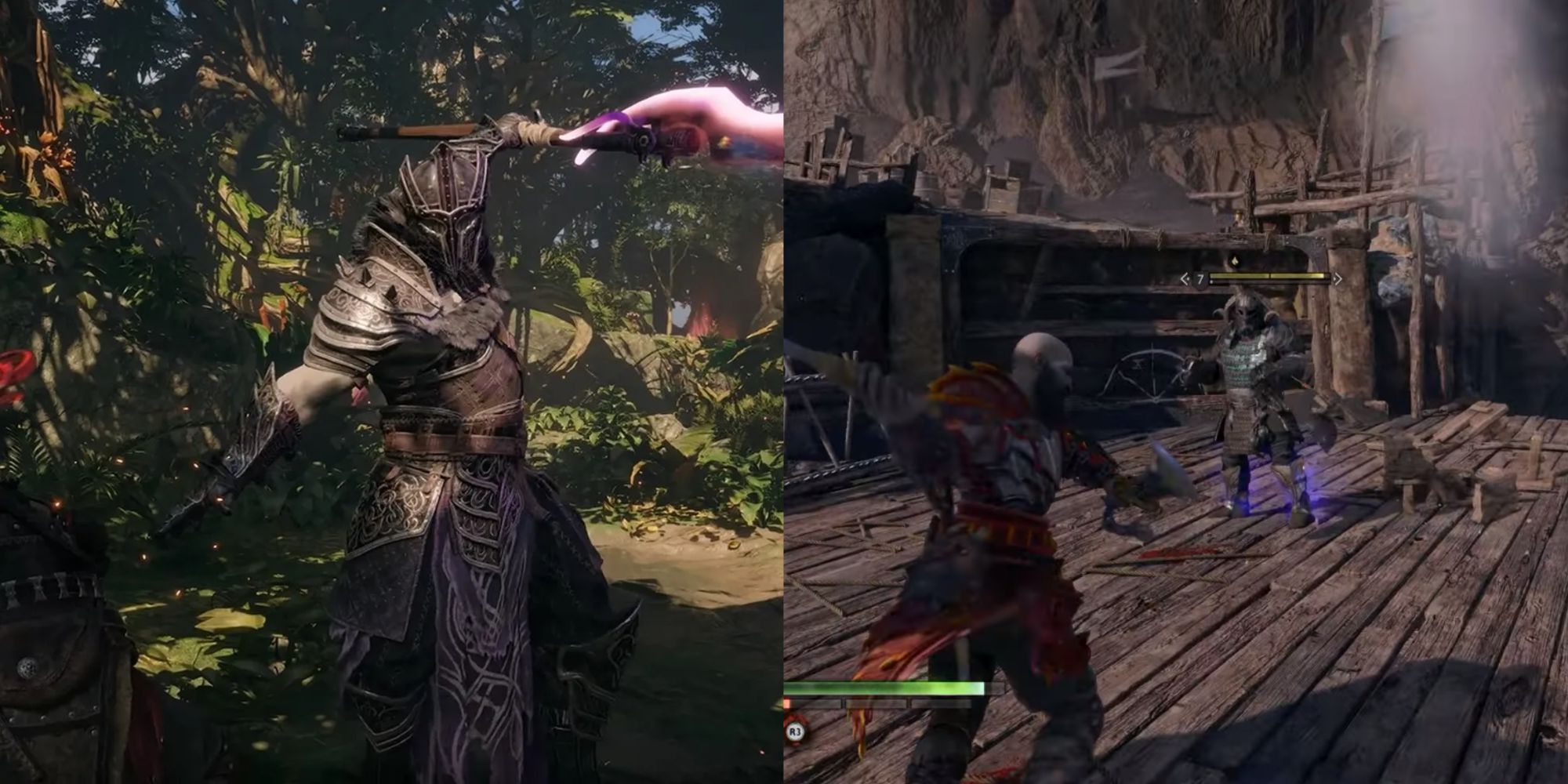 Split image showing Kratos fighting the Einherjar.