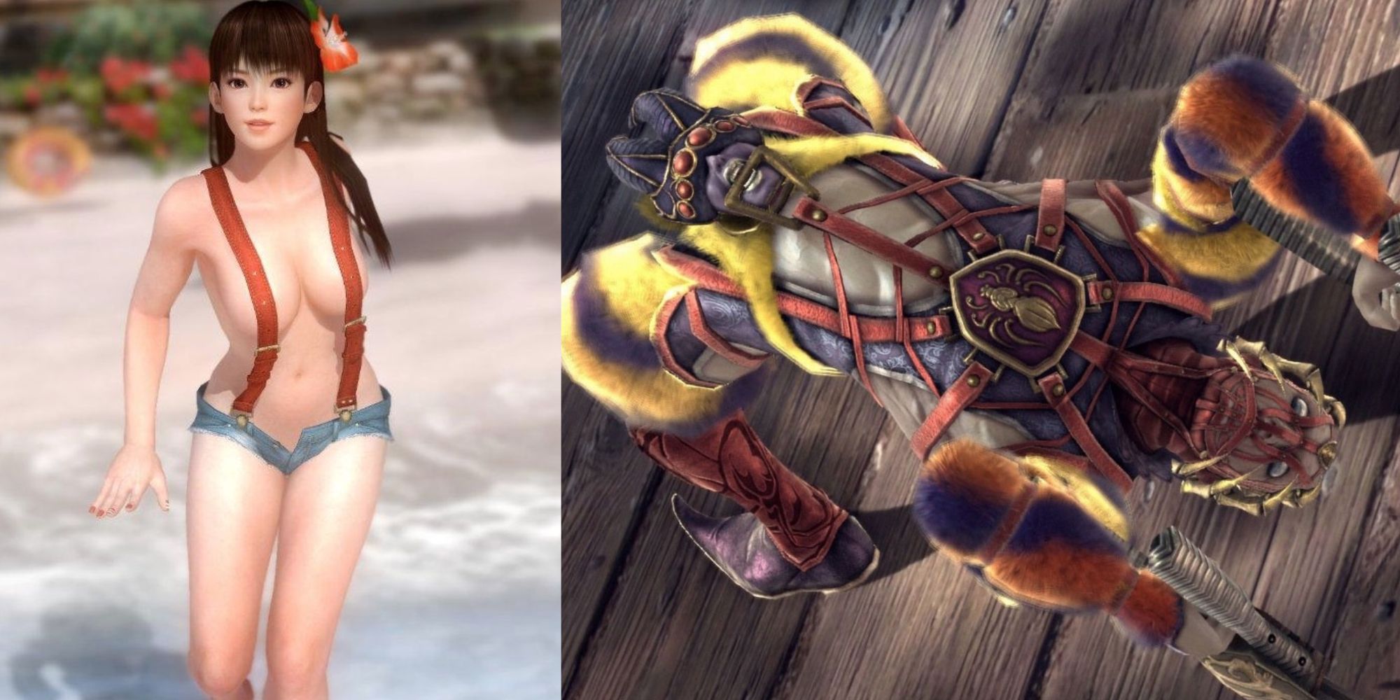 Leifang in shorts and suspenders on a beach, Voldo arching in his creepy spider costume
