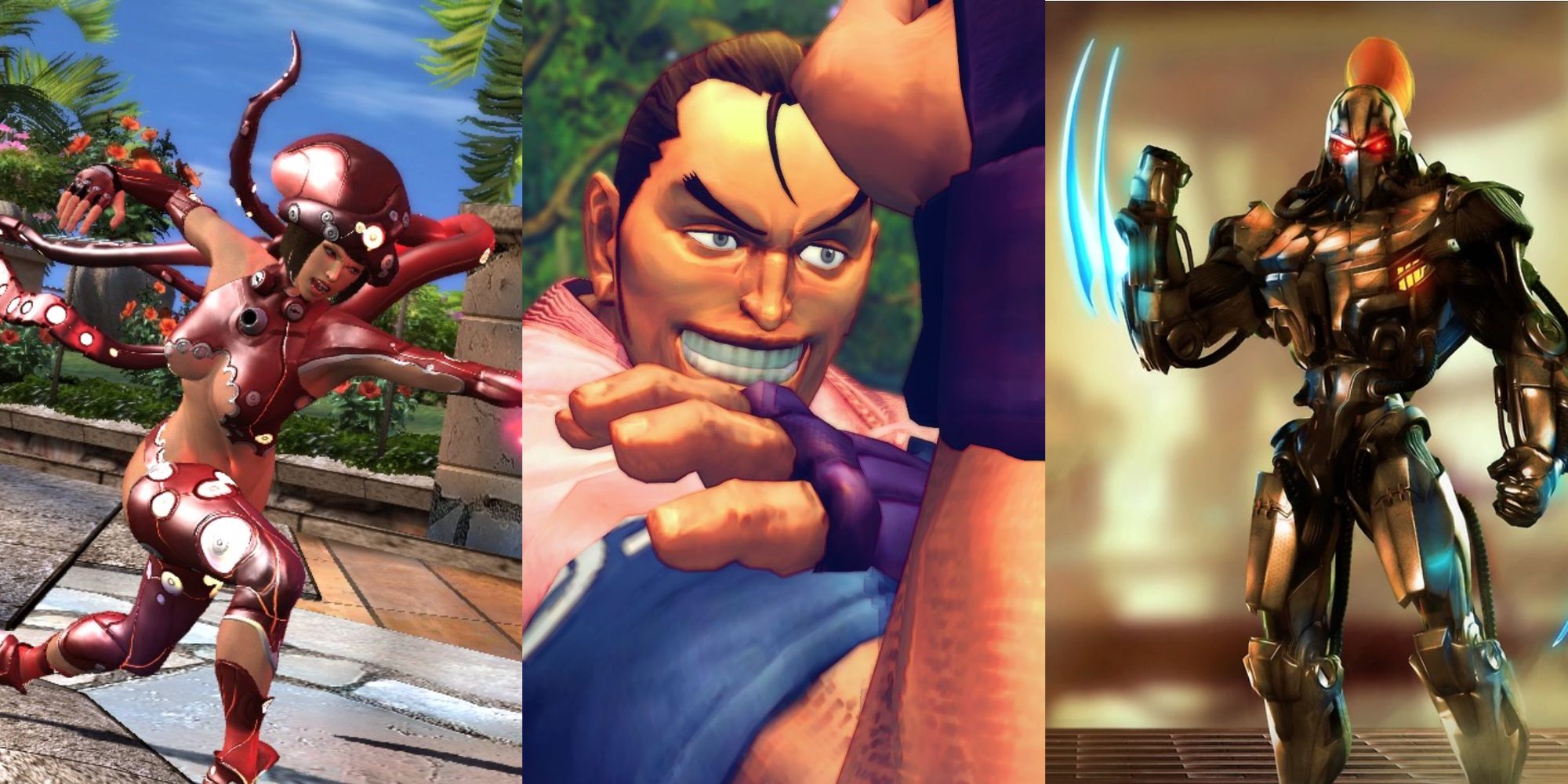 Anna Williams from Tekken in an octopus-based costume, Dan Hibiki from Street Fighter flexing, Fulgore from Killer Instinct posing