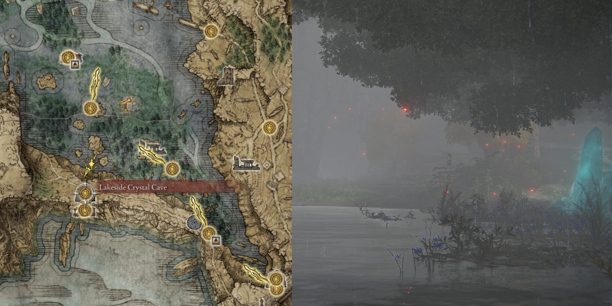 In Game And Map Location Of Lakeside Crystal Cave Liurnia