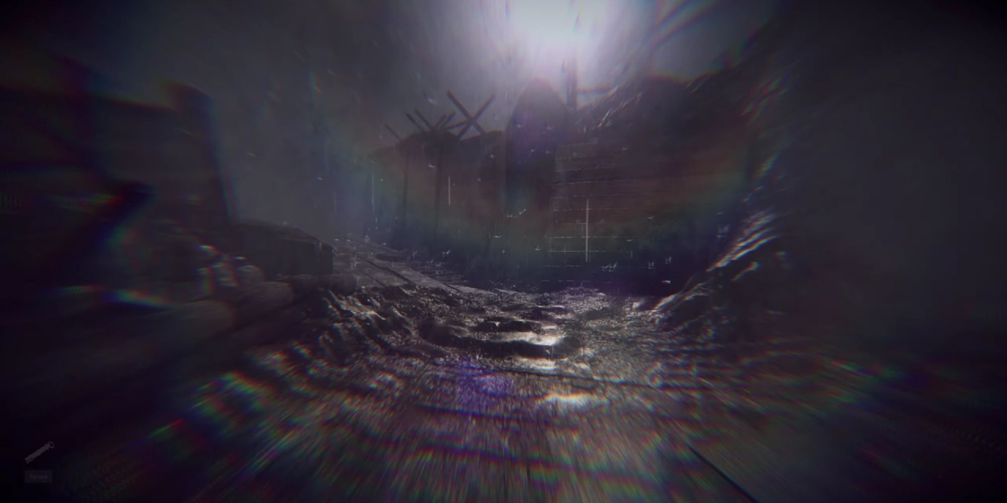 A screenshot of the introductory section of Trenches, where you start to walk in the first part of trench with the camera glare effect displaying.