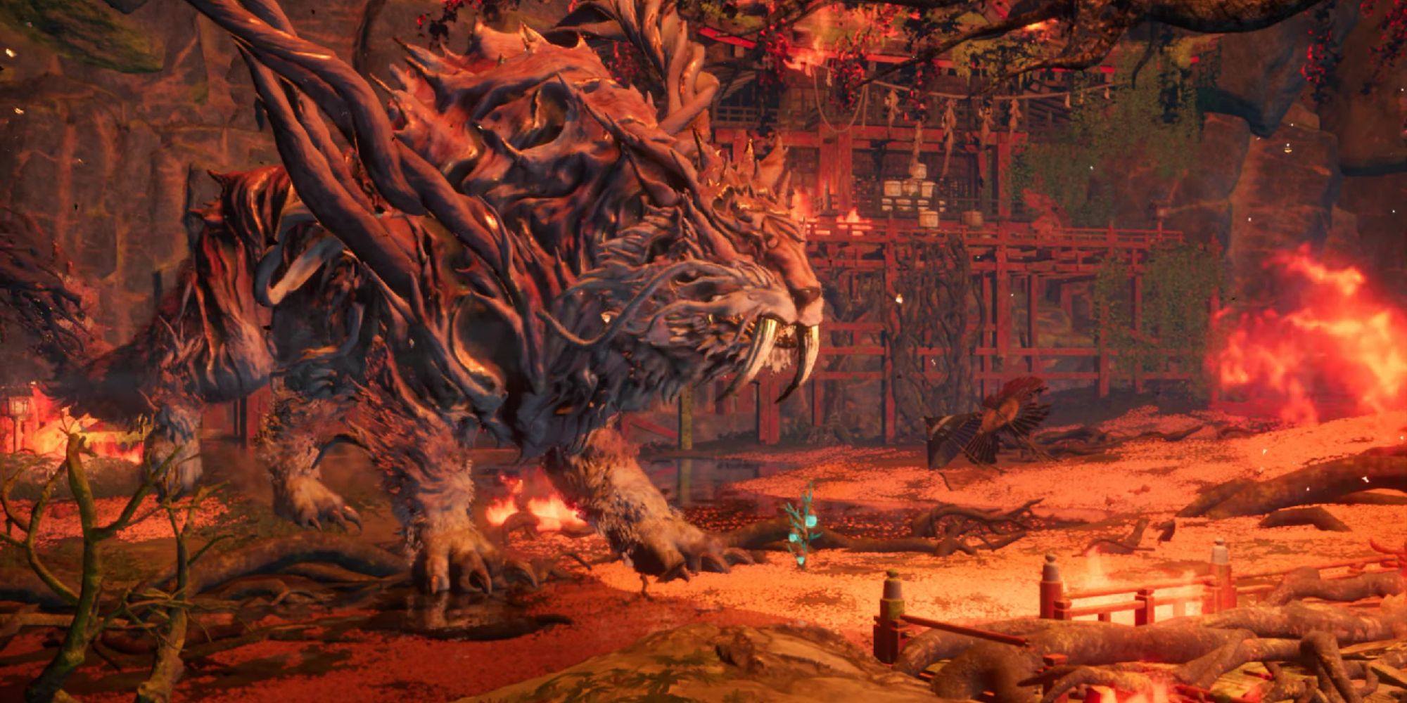A Golden Tempest tiger kemono walking into a fire-ravaged area in Wild Hearts.