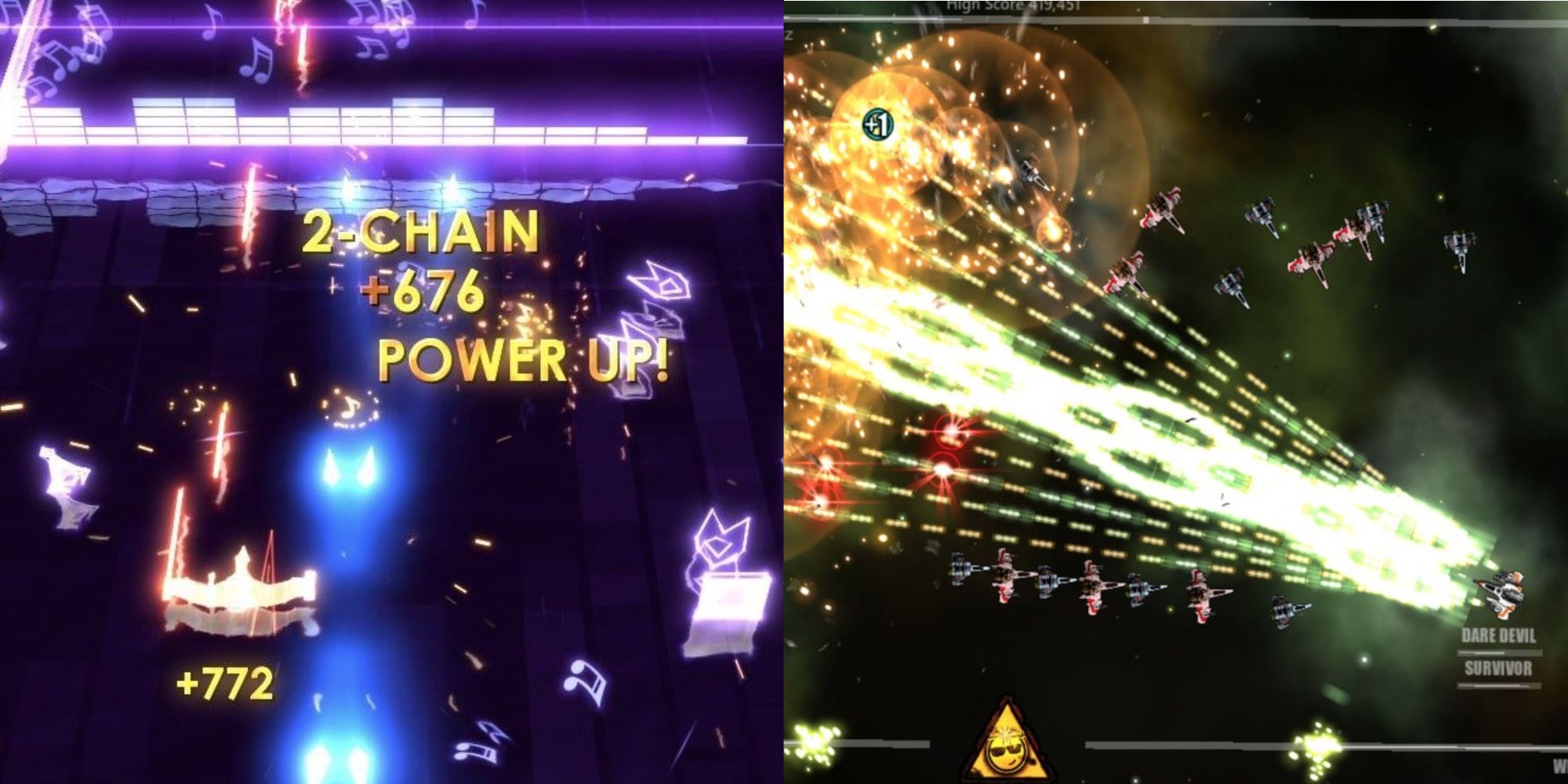 An orange neon ship on a purple background, a ship shooting green lasers into an oncoming fleet