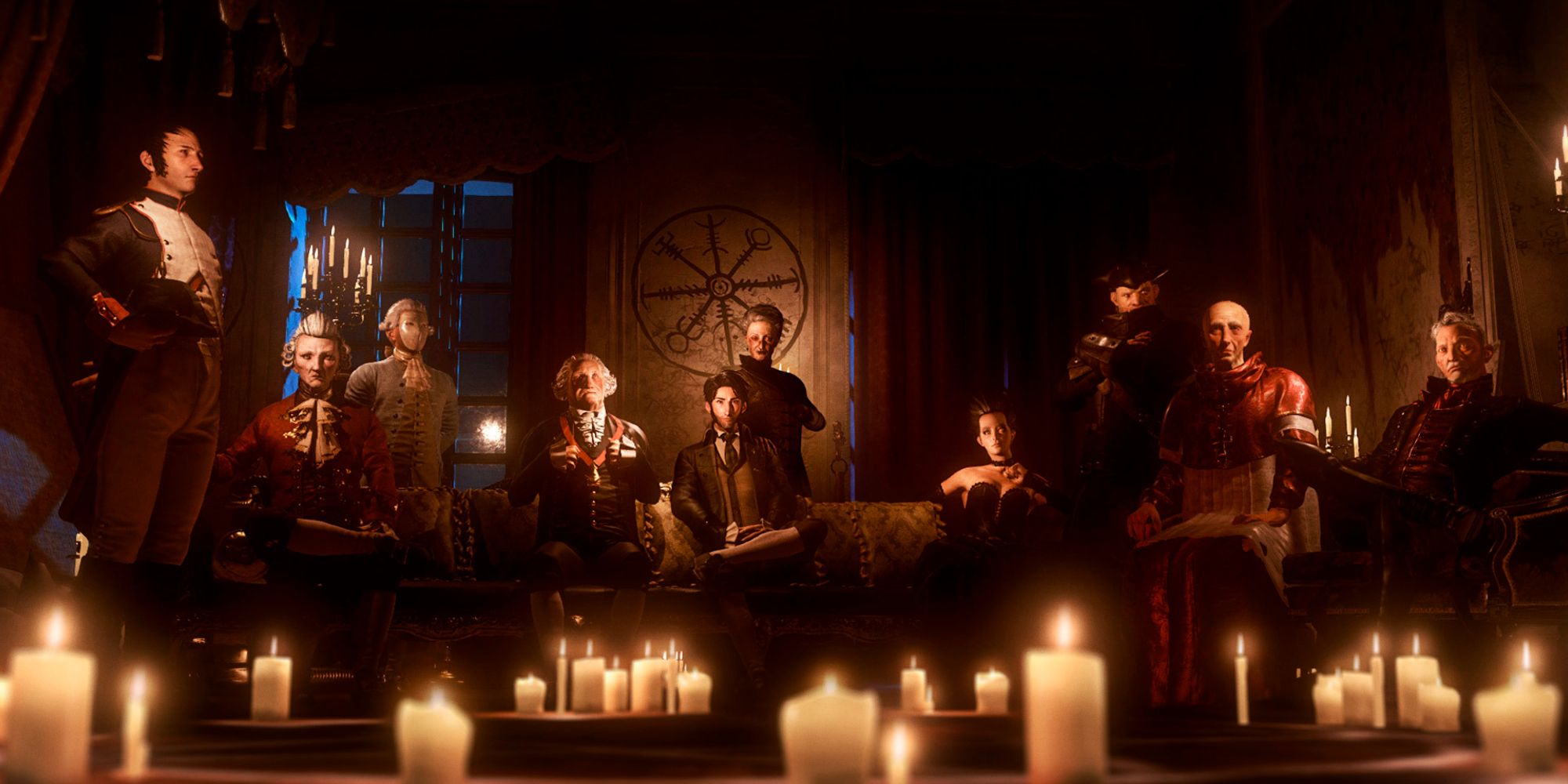 An eerie image of all the members of the secretive council of the Golden Order gathered together in a circle around candles and the sigil behind the main protagonist.