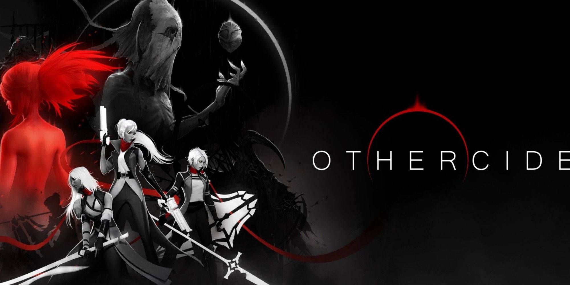 The cover art for Othercide which displays the title and squadron of Daughters with their signature weapons and the enemy known as The Suffering behind them.