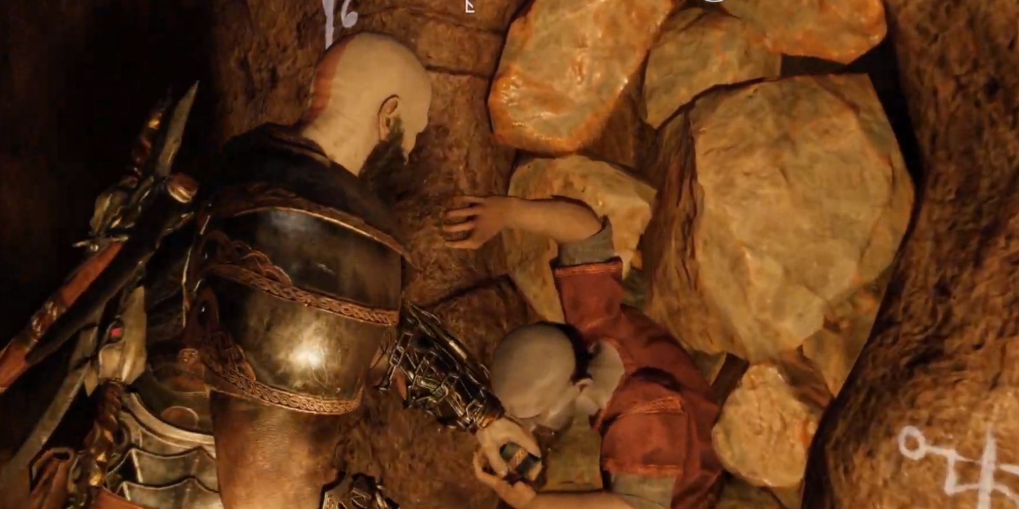 Image showing Kratos picking a Relic from a dead dwarf.
