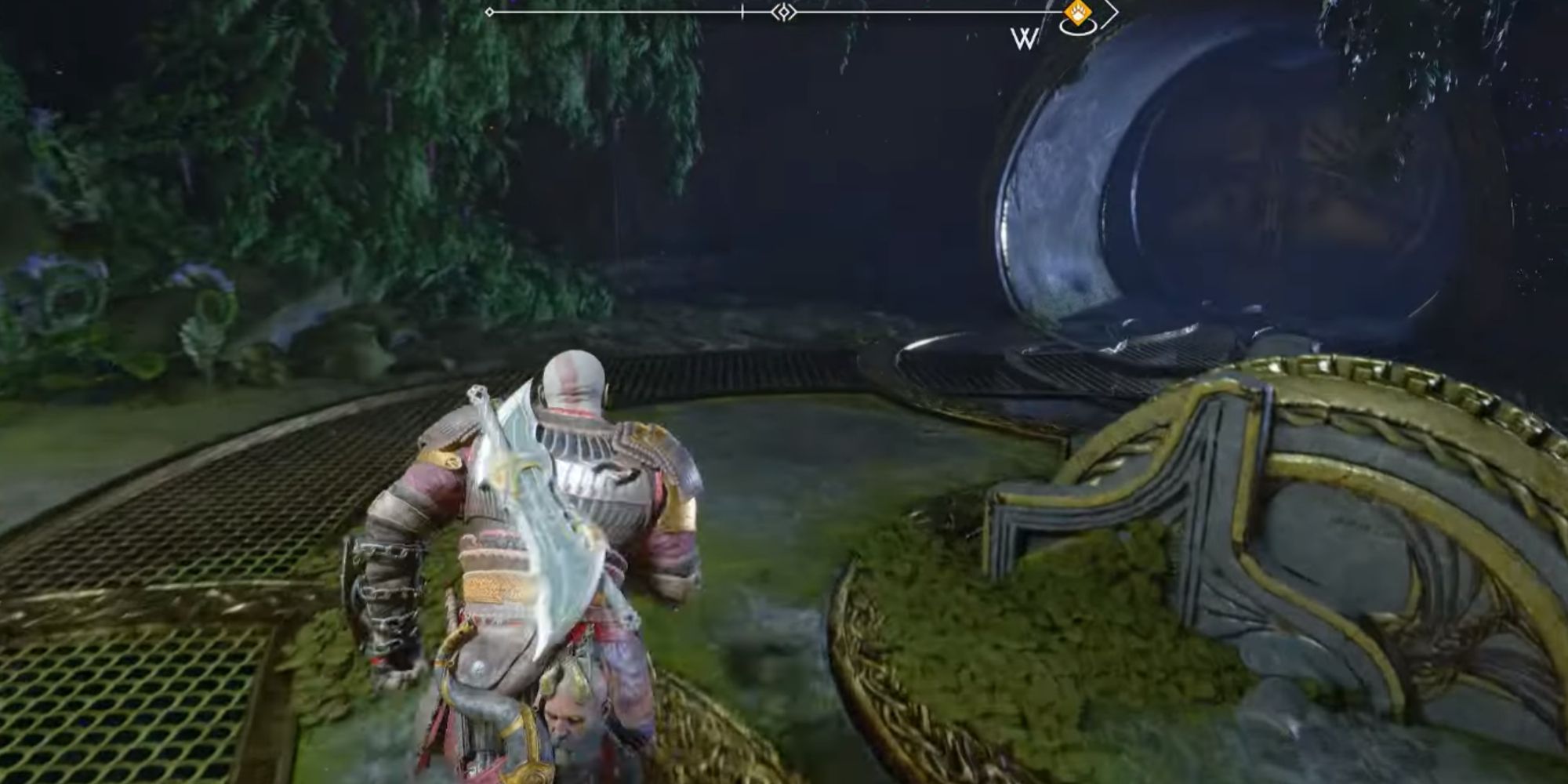 Kratos approaching a double door.