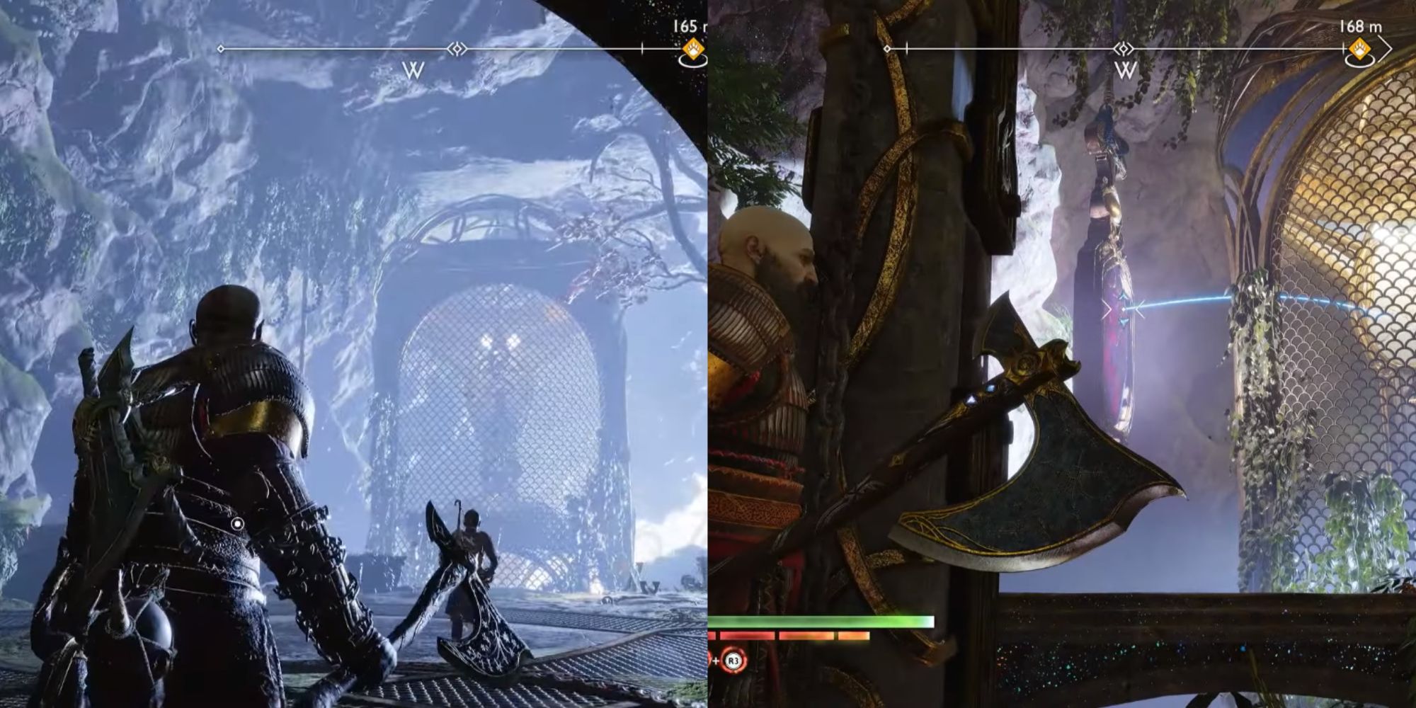Kratos trying to hit his Axe on the contraption.