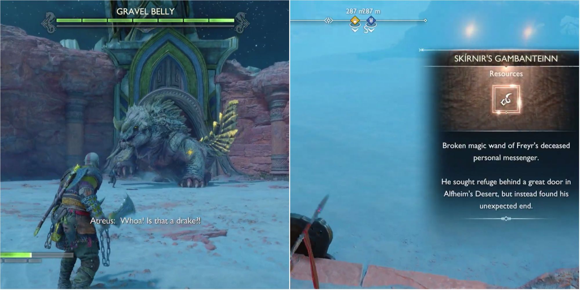 Split image showing Kratos fighting a Drake for resources. 