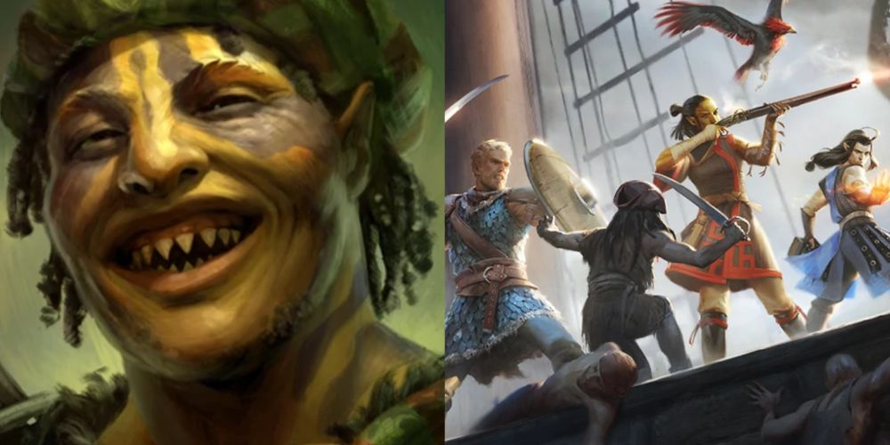 Chanter Kana Rua smiling with sharp teeth at viewer on left, different character classes fighting enemies on a ship on the right