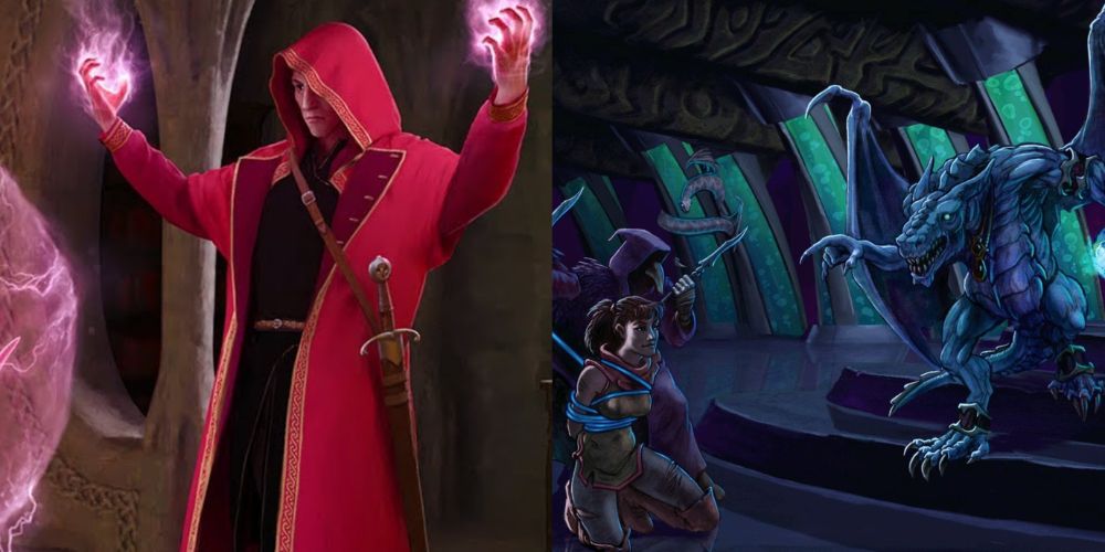 Shaper in hot pink robe with sword sheathed on side using magic on left, tied up woman kneeling on ground with robed guard over her looking at dragon on the left