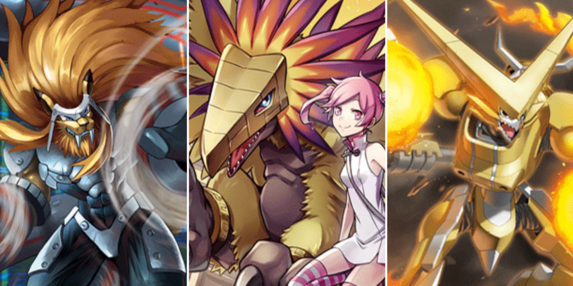 Split image of the artwork from the Grapleomon, Phoenixmon, and Omnishoutmon Digimon cards (BT11: Dimensional Phase)