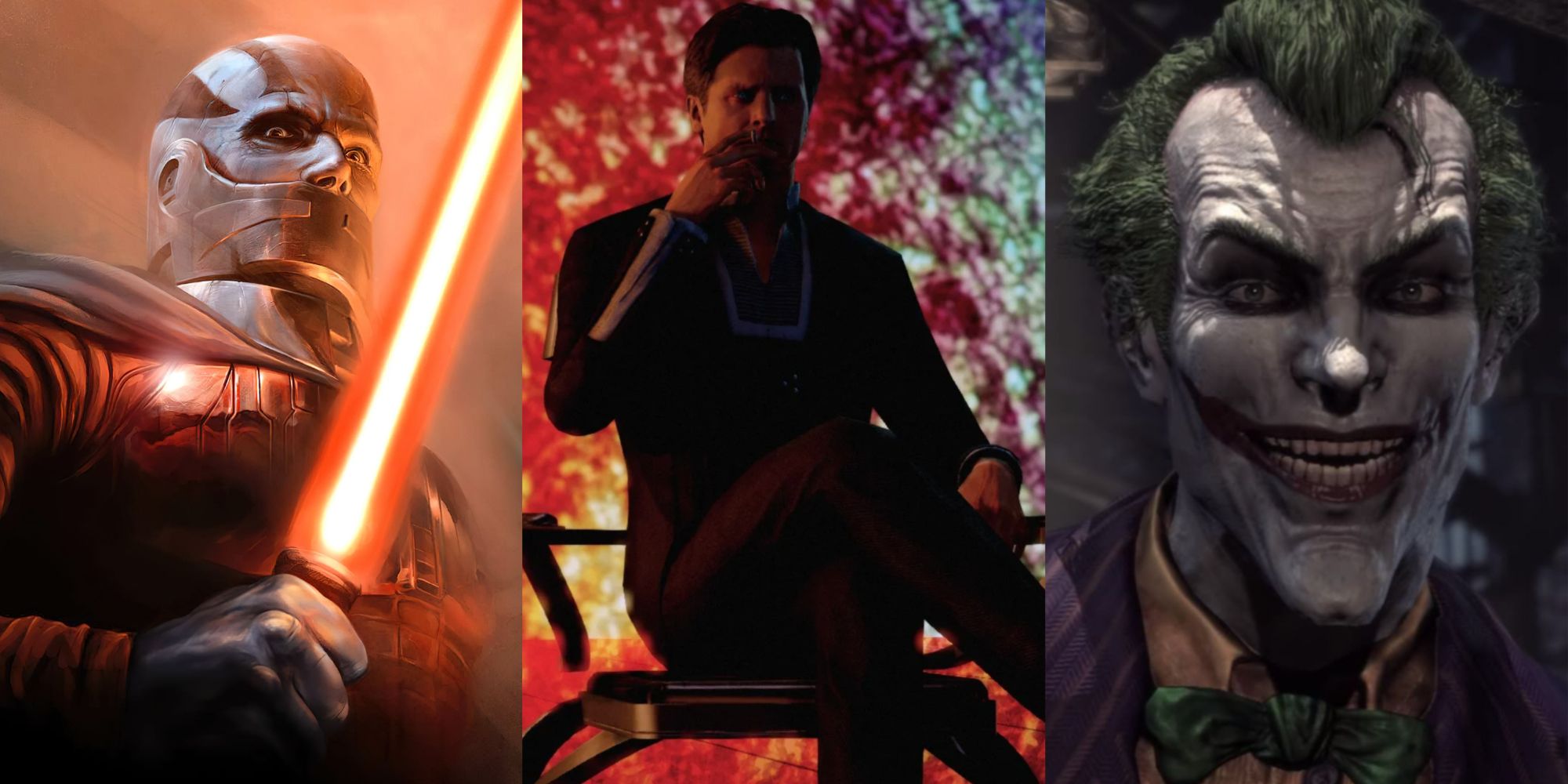 Collage of Games Where You Knew Who The Villain Was Just By Looking At Them, featuring Star Wars: Knights of the Old Republic, Mass Effect 2, and Batman: Arkham Asylum