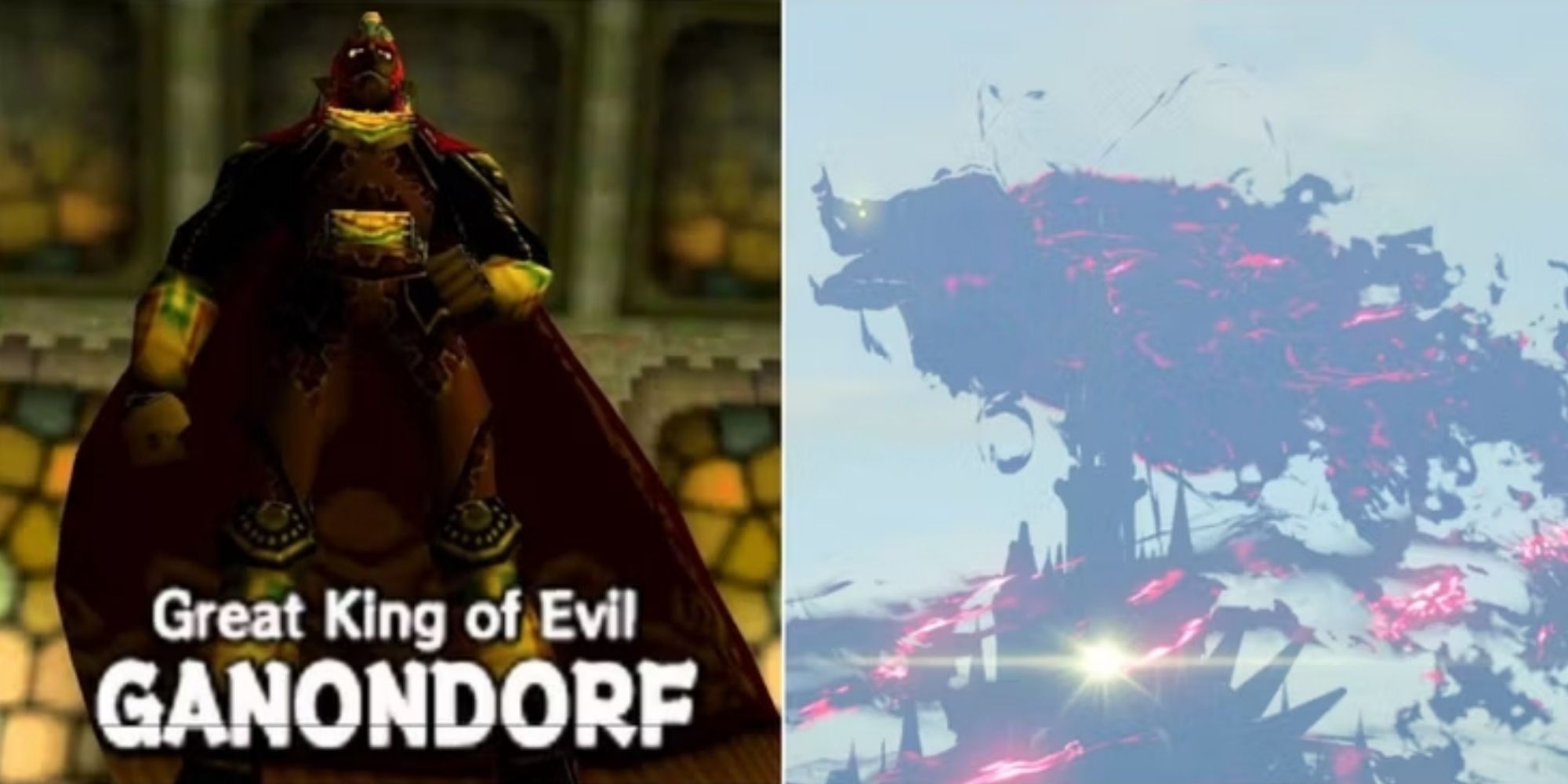 Collage of Ganondorf in The Legend of Zelda Ocarina of Time and Calamity Ganon cloud of malice in Legend of Zelda Breath of the Wild