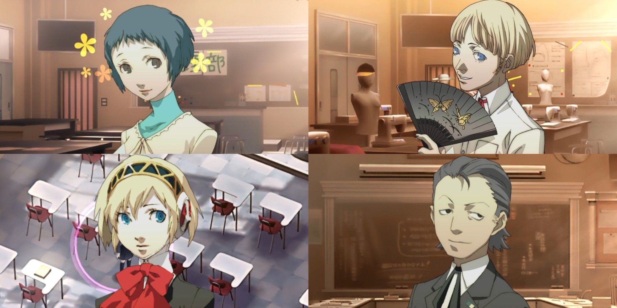 collage of shared social links between the protagonists around gekkoukan high in persona 3 portable, with fuuka, bebe, aigis, and hidetoshi