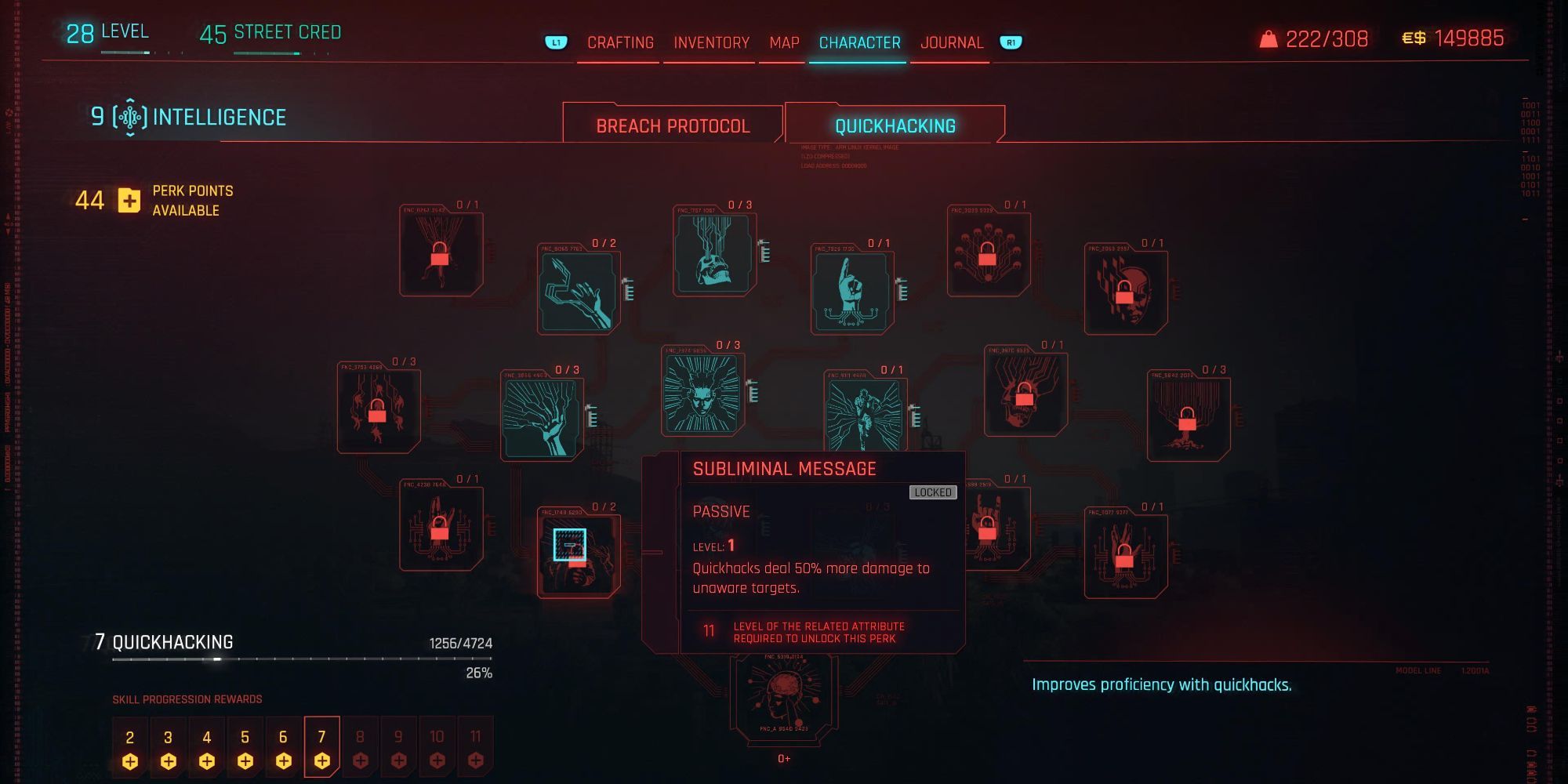 Cyberpunk 2077 Quickhacking Subliminal Message Skill Tree