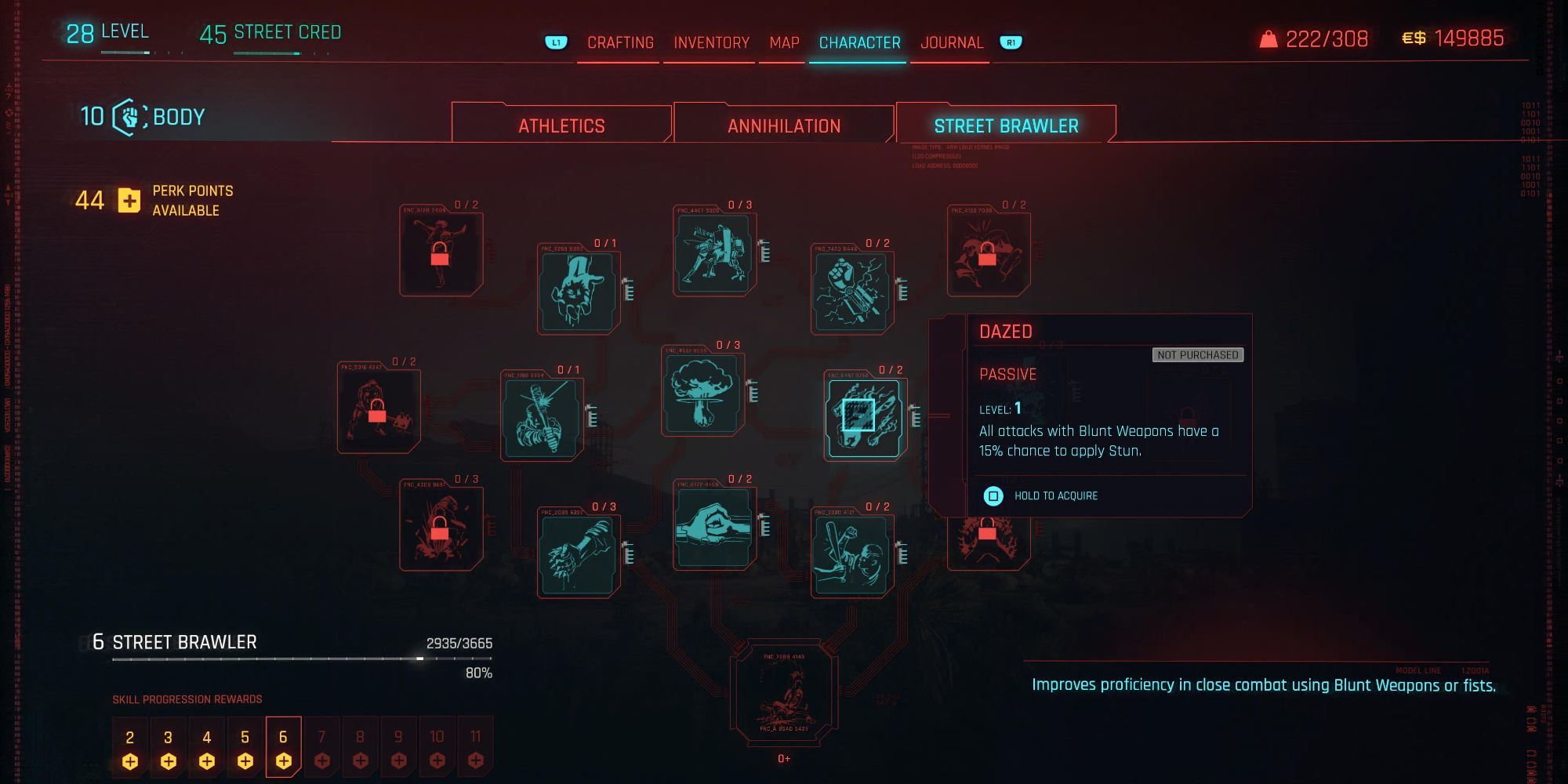 Cyberpunk 2077 Street Brawler Dazed Skill Tree