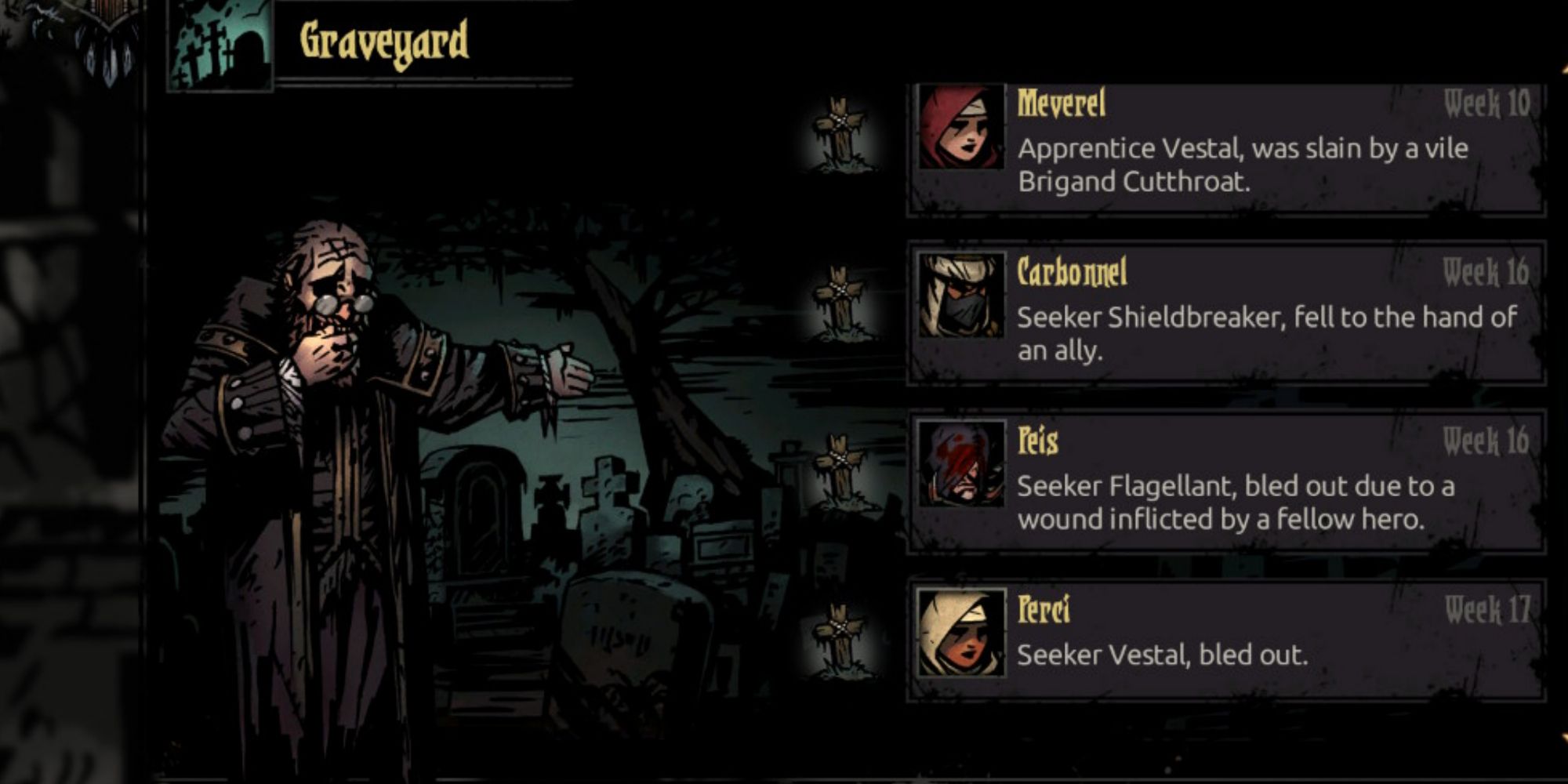 Darkest Dungeon - Graveyard Fallen Heroes in a list