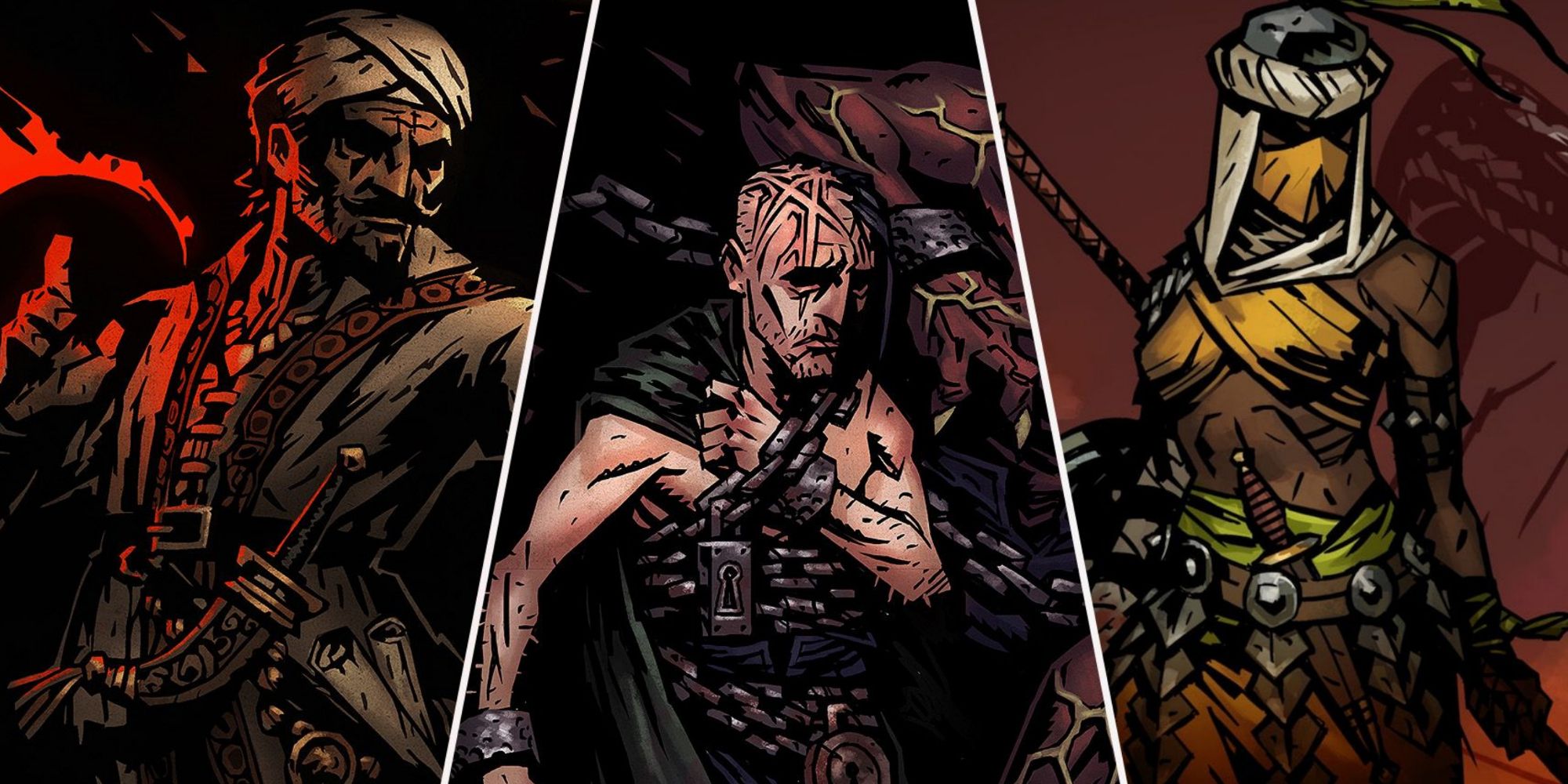 Darkest Dungeon heroes collage - The Occultist, The Abomination and the Shieldbreaker