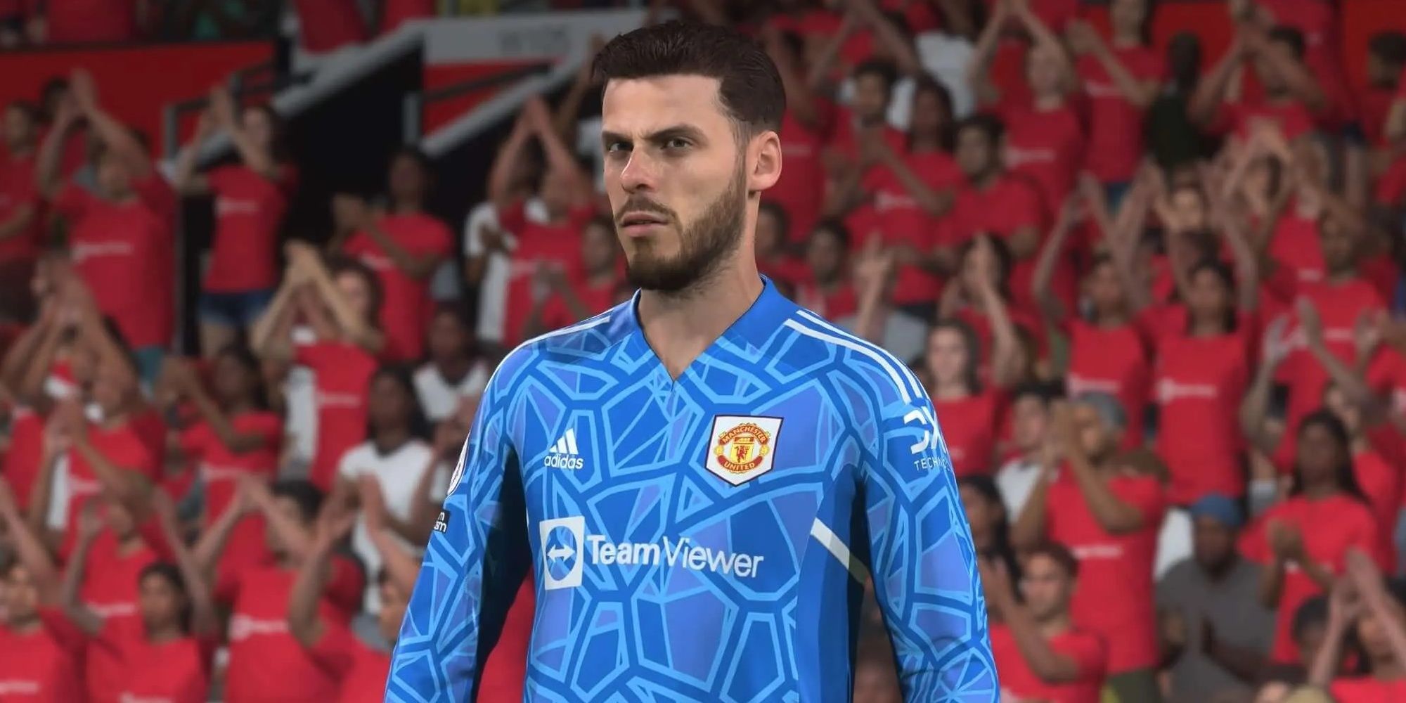 David de Gea wearing a blue kit standing in goal for Manchester United in FIFA 23