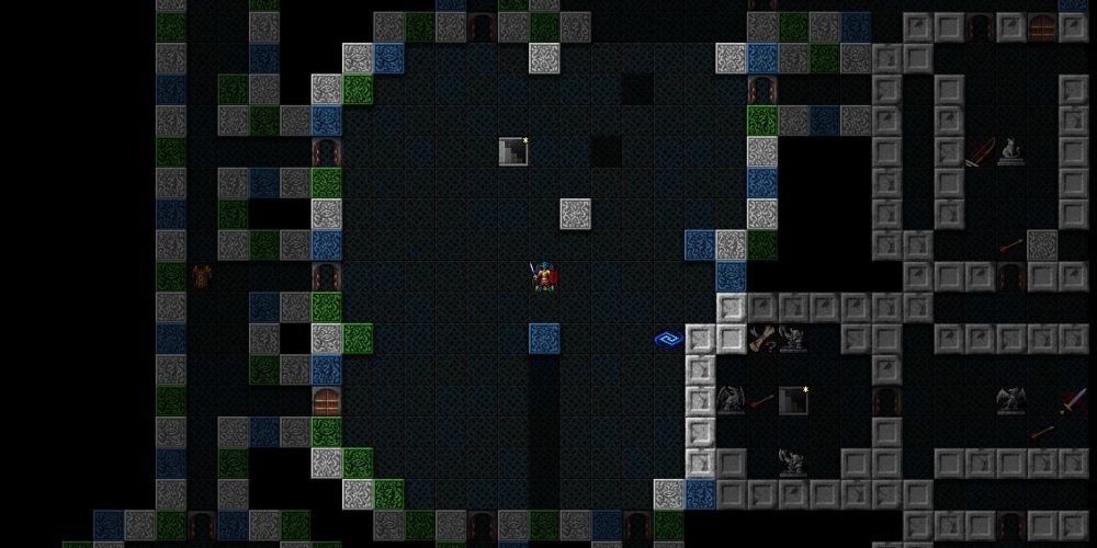 Pixelated player character on a map in Dungeon Crawl Stone Soup