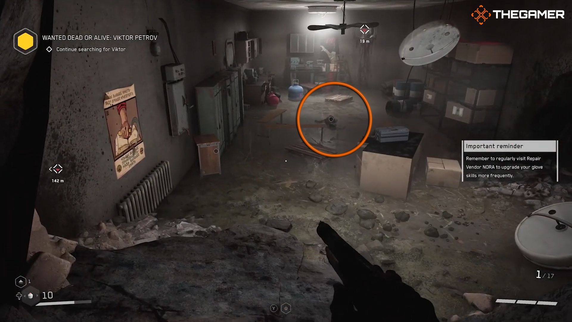 P-3 is looking into a flooded messy room with a dead body in the middle