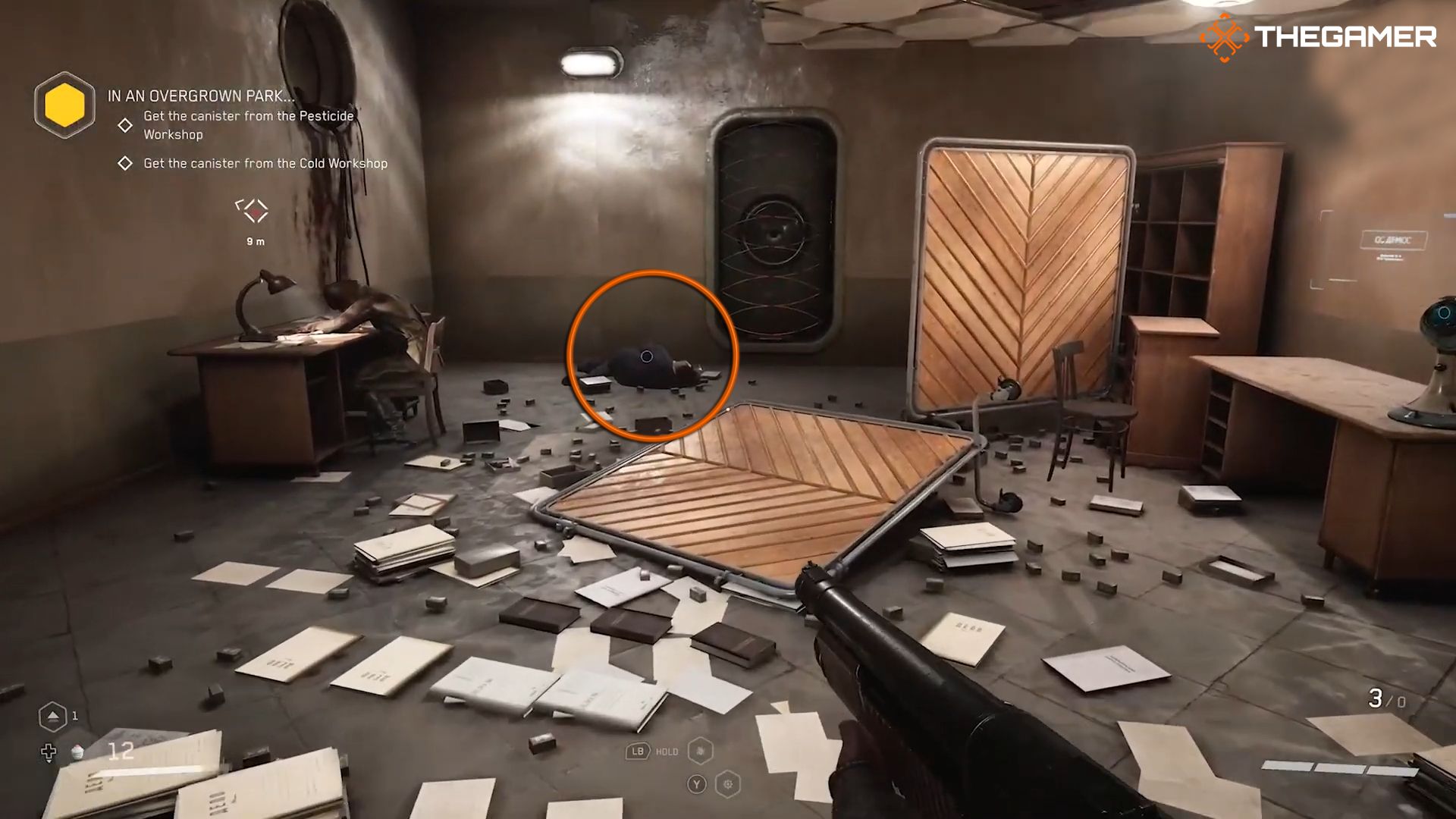 P-3 looking at a messy room with two dead bodies