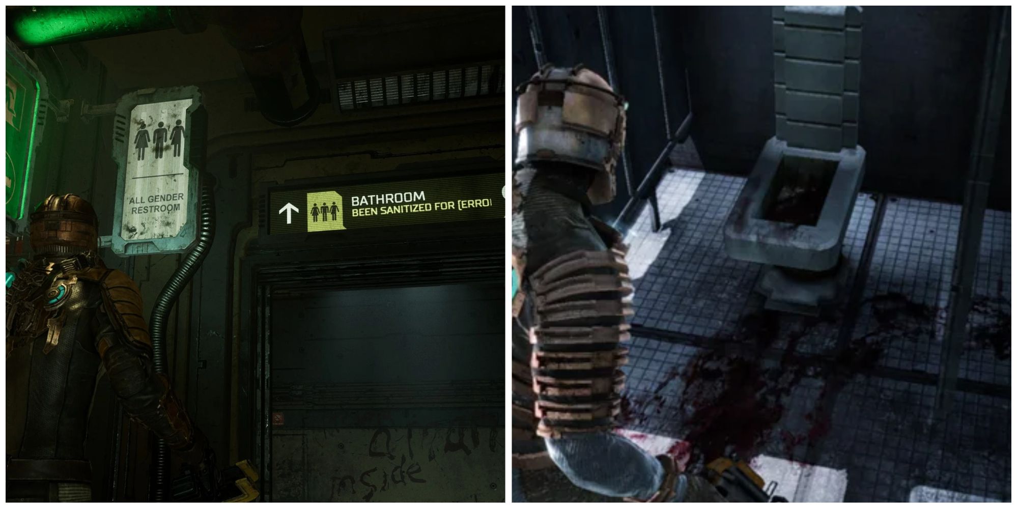 Dead Space - Issac outside the bathroom in the remake and looking at a toliet in the original 