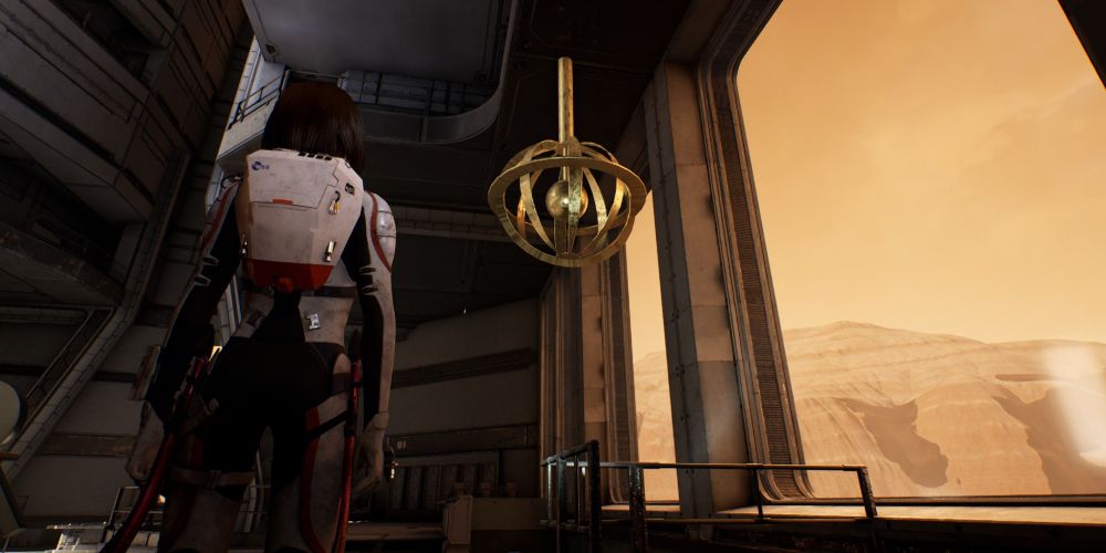 kat looks at the golden orrery in habitas' mess hall