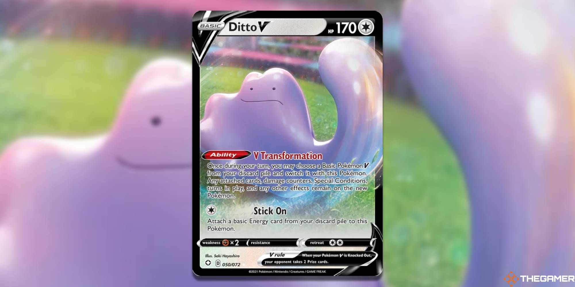 Pokemon TCG: Ditto V from Shining Fates, with blurred background
