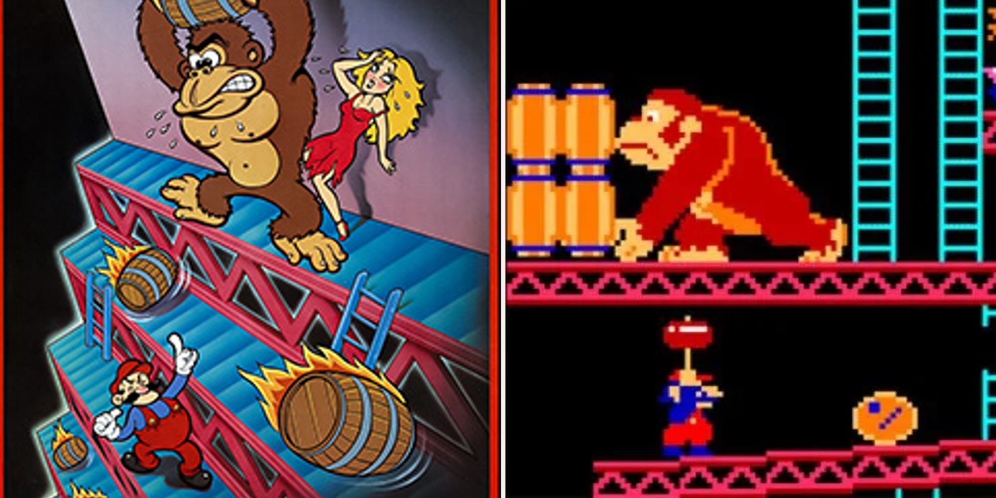 Donkey Kong Box art and Donkey Kong gameplay of Mario with a hammer