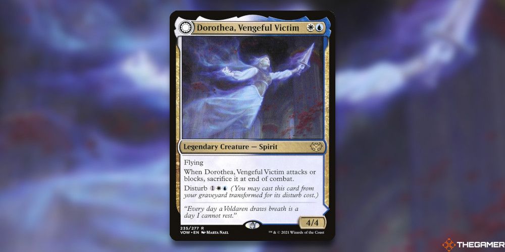 Dorothea Vengeful Victim Card In front of Card Art Blurred MTG TCG