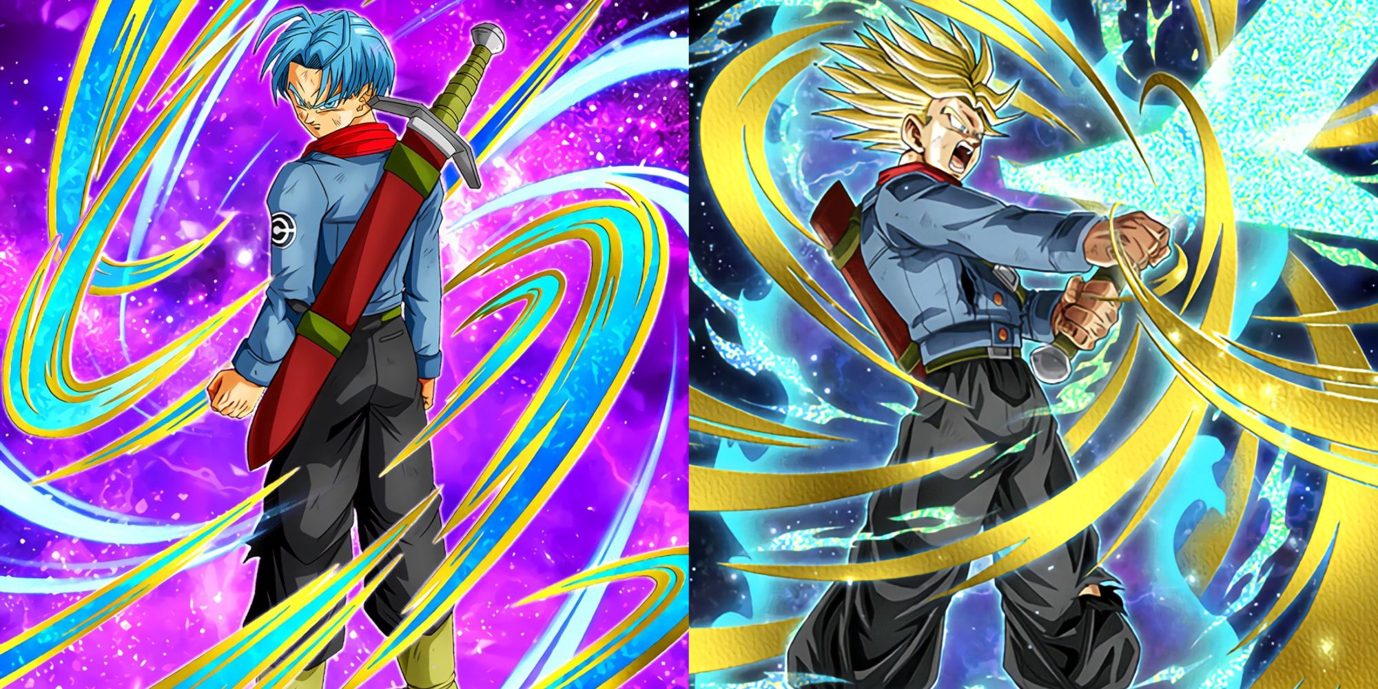 future trunks regular and super saiyan forms from dragon ball super in Dokkan Battle artwork