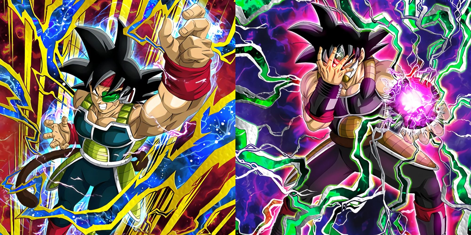 bardock from dragon ball z in regular and masked saiyan outfit dokkan battle artwork