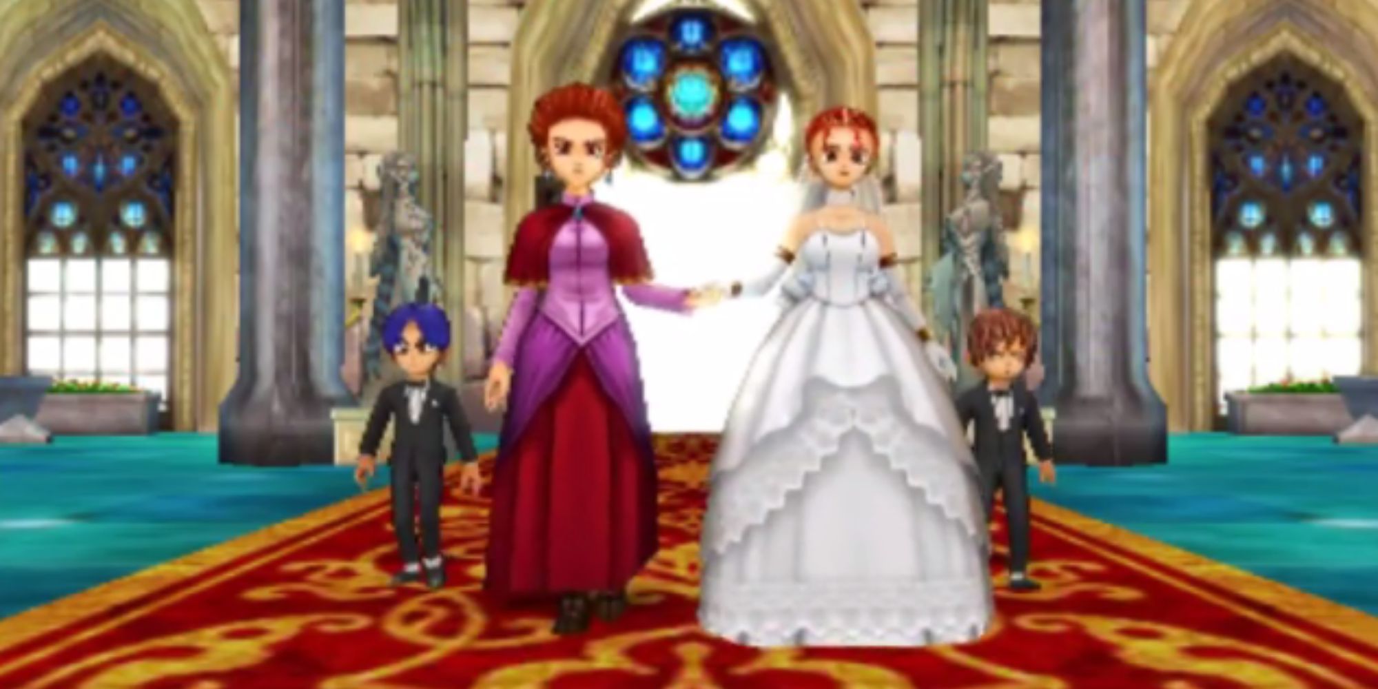 Dragon Quest Eight image of Jessica walking down the aisle in a wedding dress flanked by two small children 