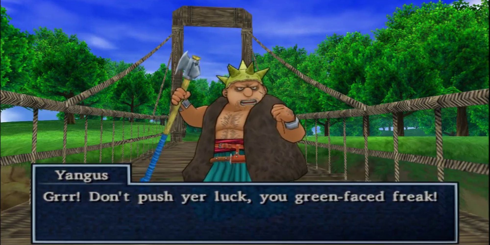Dragon Quest Eight Yangus on a bridge challenging you to a fight