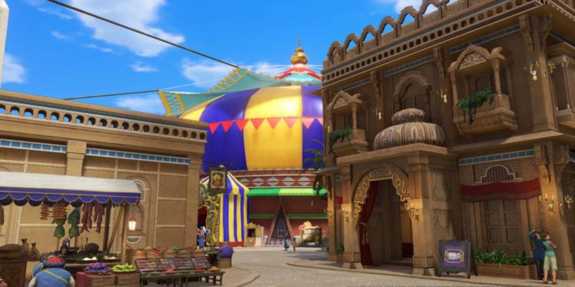 Dragon Quest Eleven Gallapolis Circus screenshot of the circus in the background and the city in the foreground