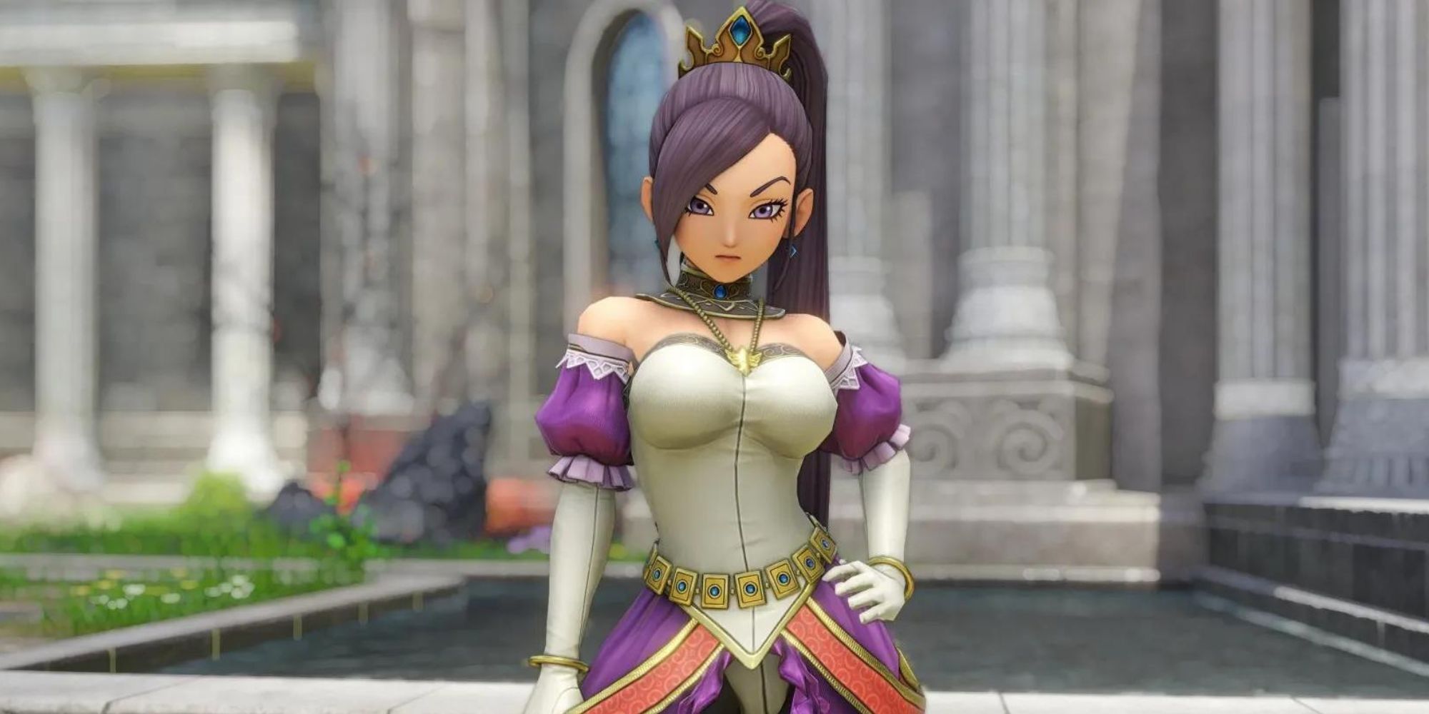 Dragon Quest Eleven Jade in a white and purple outfit, hand on her hip looking at the player