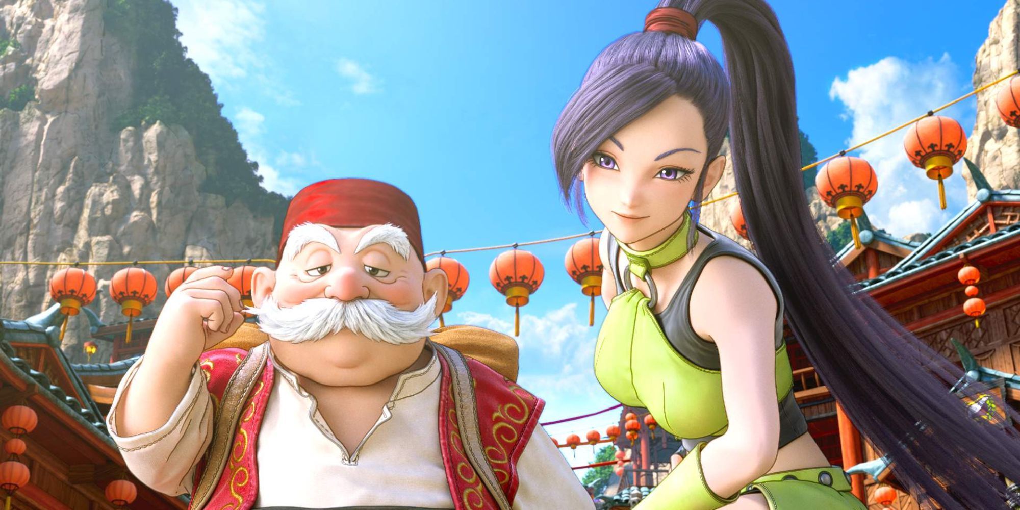 Dragon Quest Eleven Rab and Jade look at the hero with the city in the background