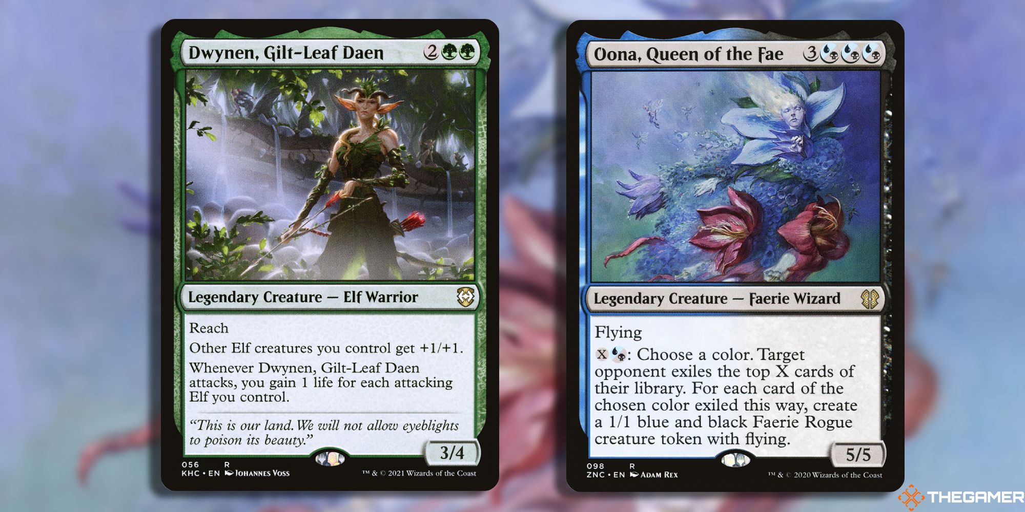 Image of the Dqynen Gilt-Leaf Daen and Oona Queen of the Fae card in Magic: The Gathering, with art by Johannes Voss and Adam Rex