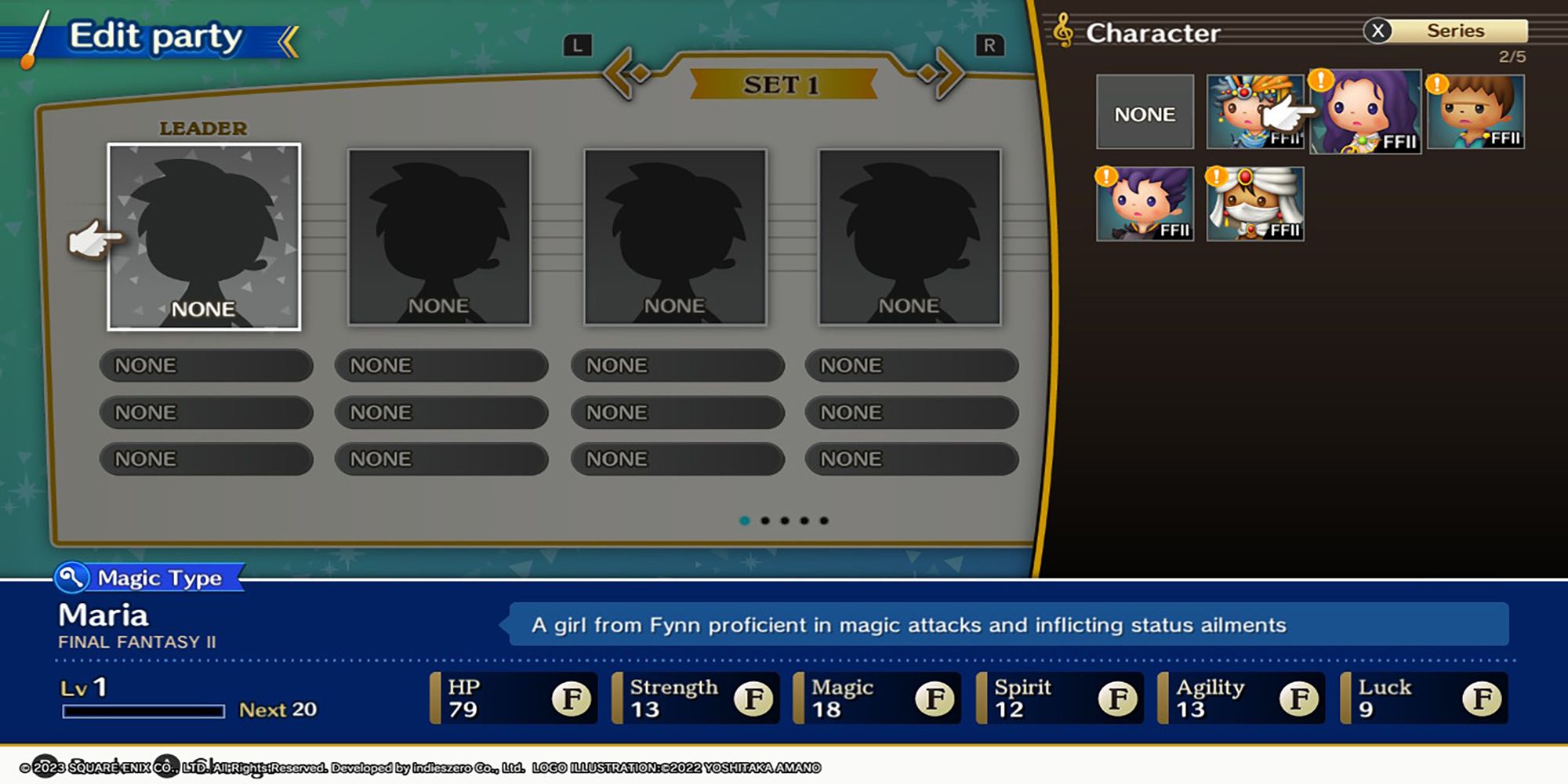 Four empty party member slots waiting to get assigned in Theatrhythm: Final Bar Line.