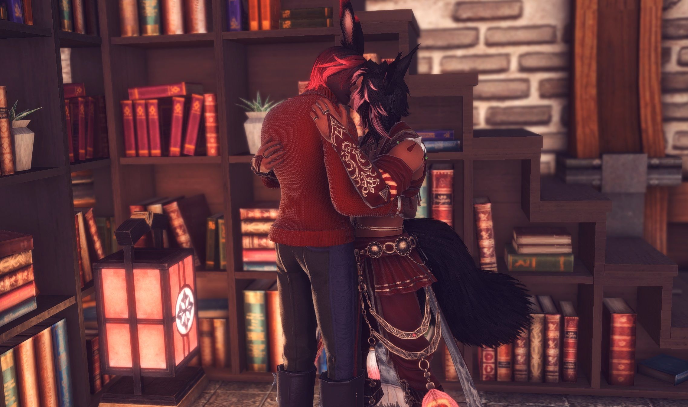 Endo and Carnelian kissing in Final Fantasy 14.