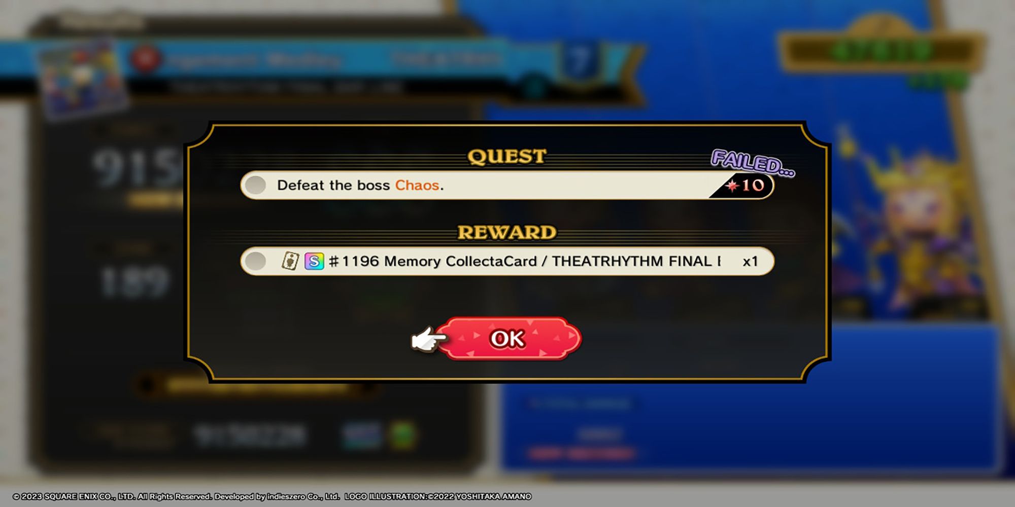 A dialogue box indicates a failed mission in Theatrhythm: Final Bar Line.